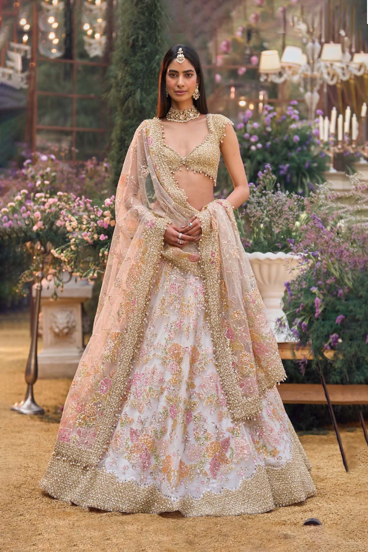 Cream Gold Floral Lehenga Set