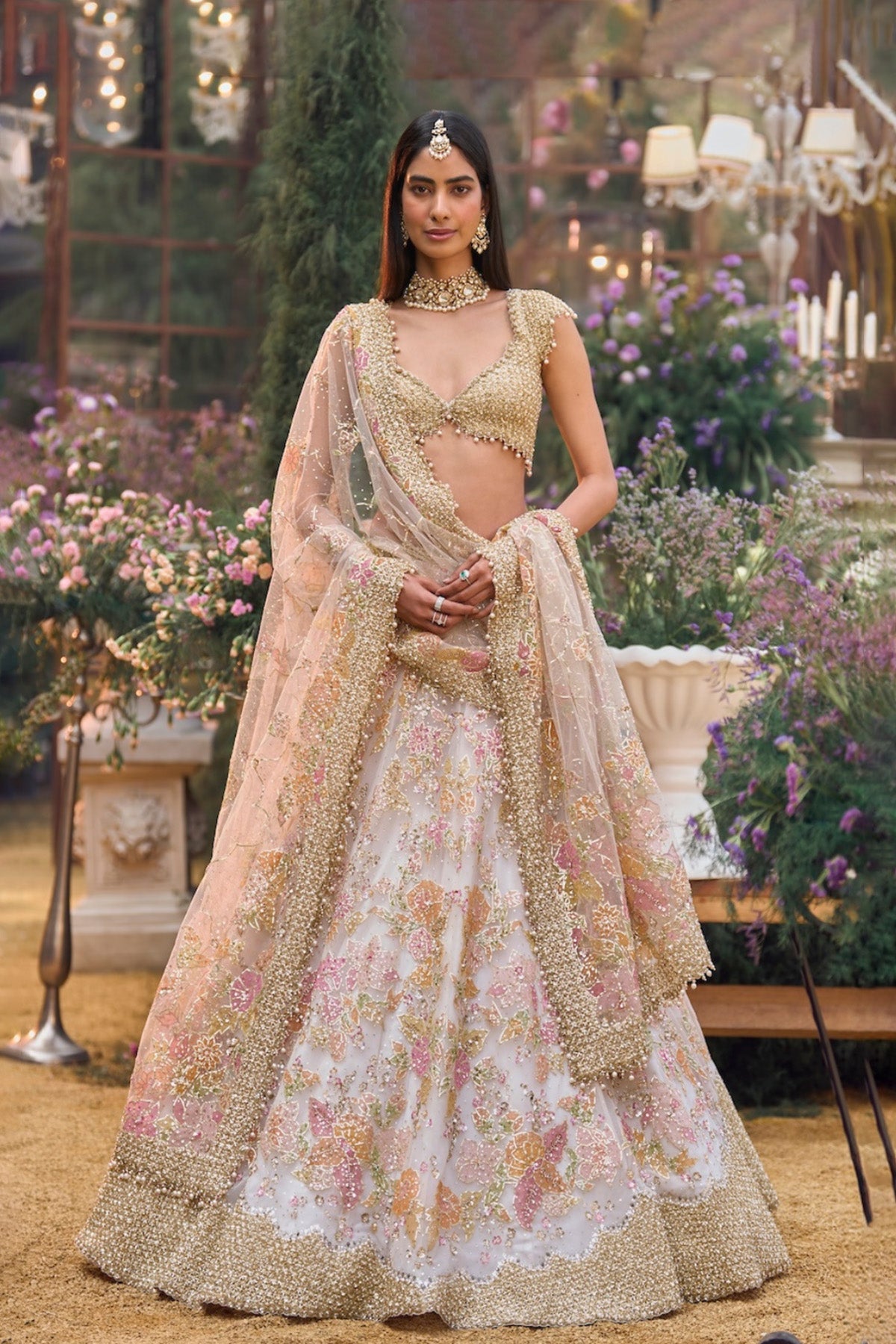 Cream Gold Floral Lehenga Set
