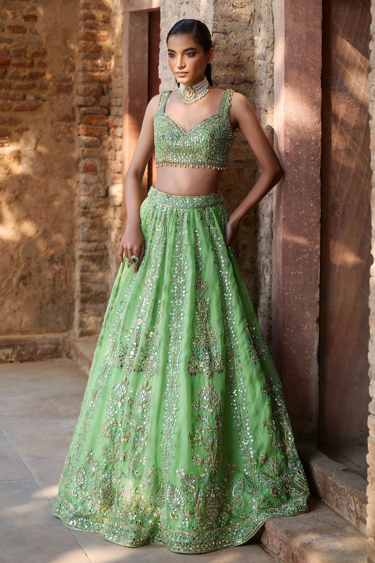 Lime Green Organza Lehenga Set