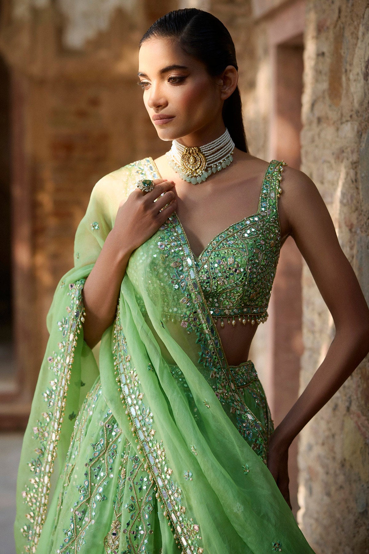 Lime Green Organza Lehenga Set