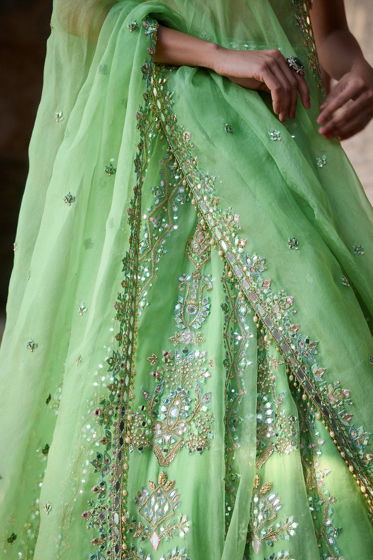Lime Green Organza Lehenga Set