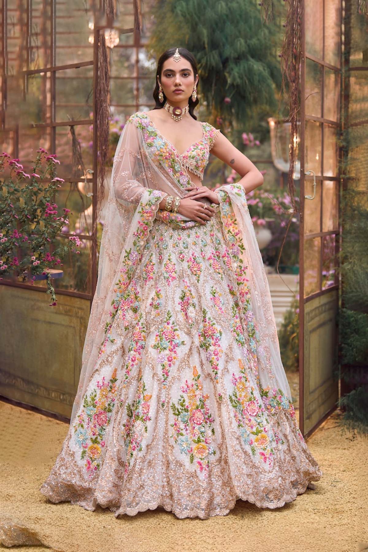 Cream Multi-Coloured Floral Lehenga Set