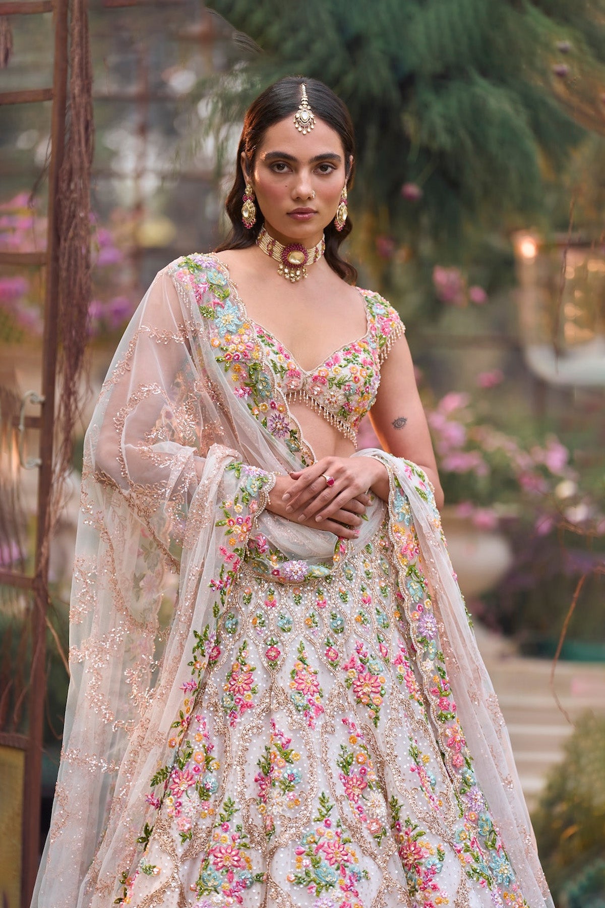 Cream Multi-Coloured Floral Lehenga Set