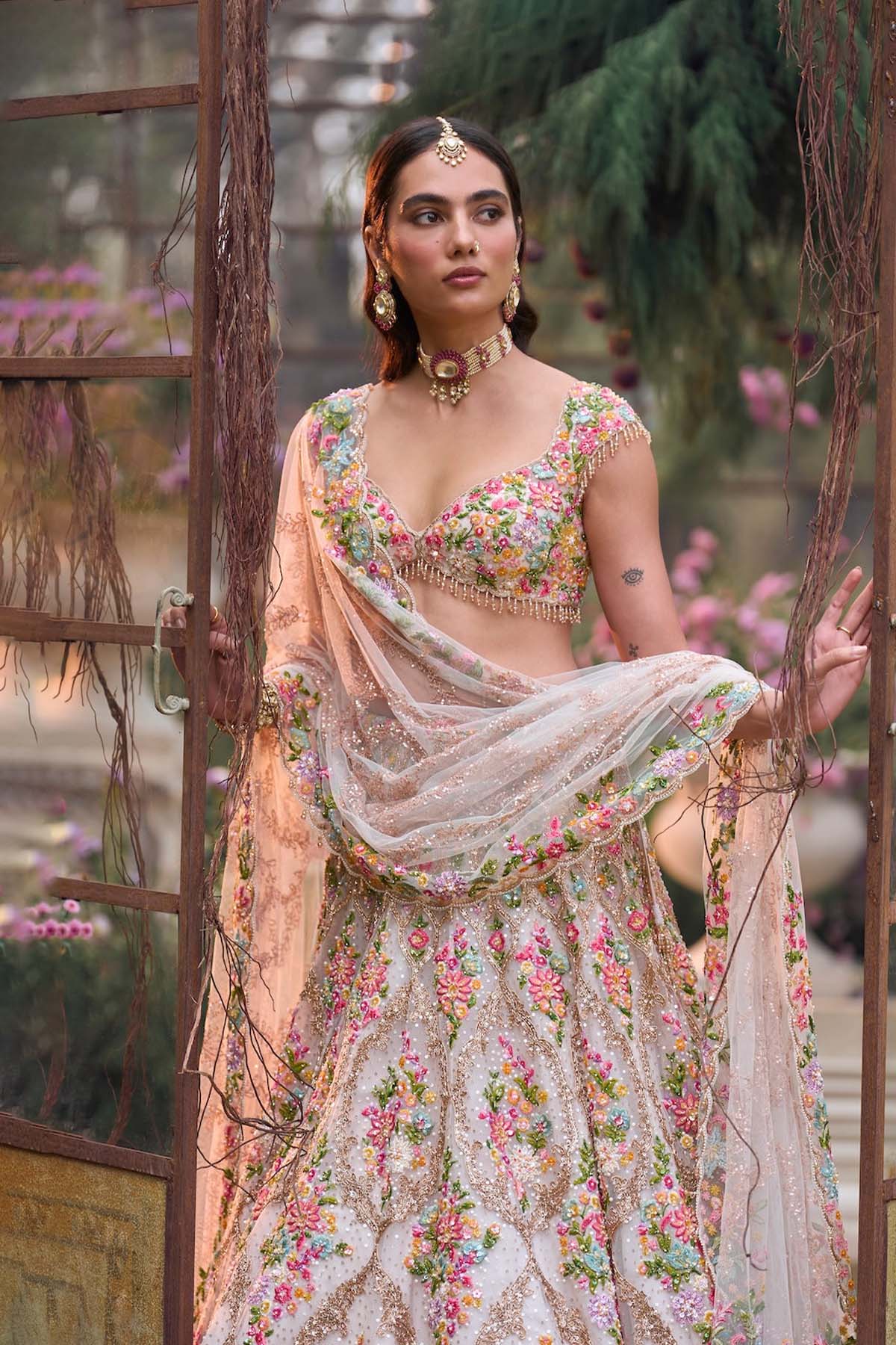 Cream Multi-Coloured Floral Lehenga Set