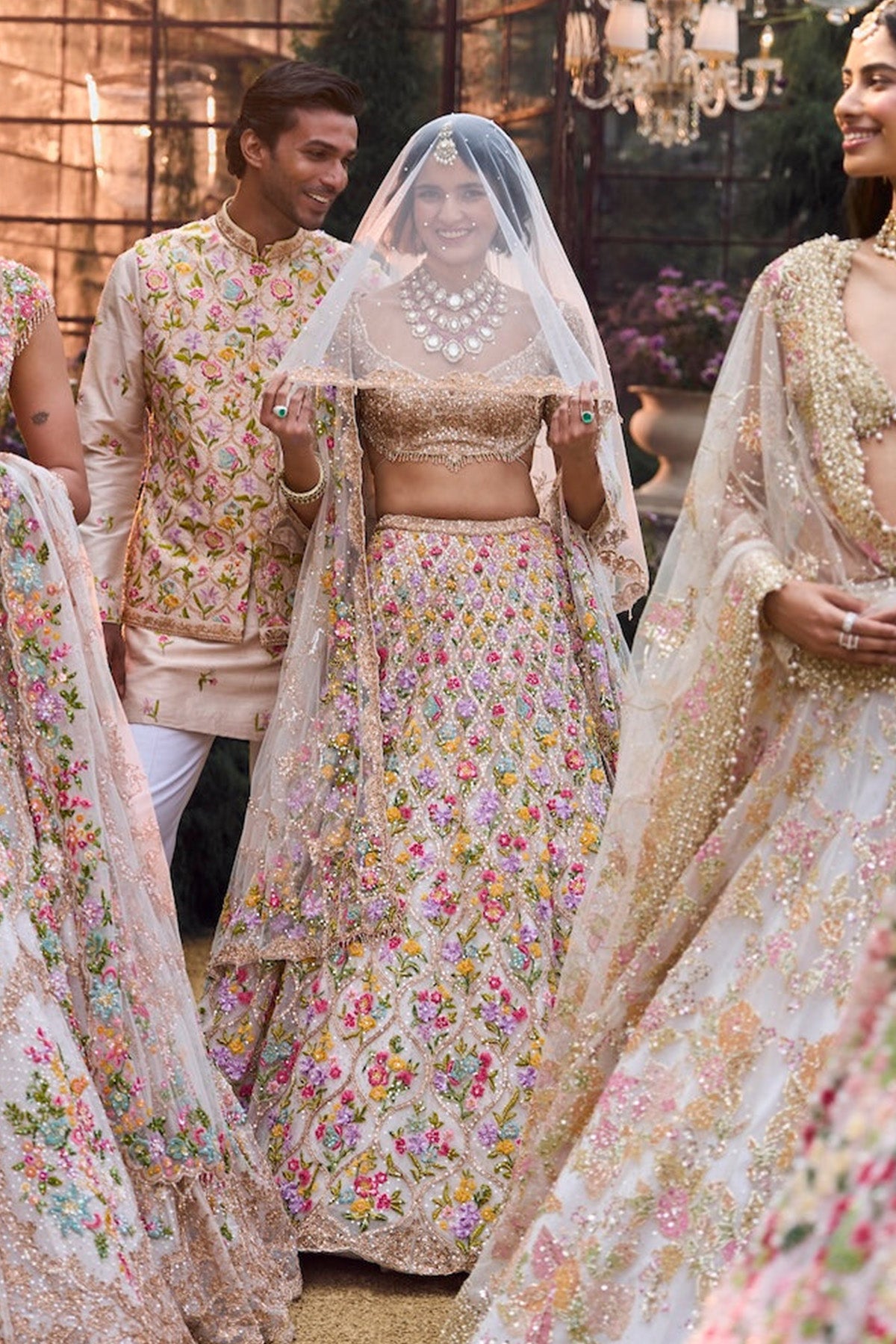 Cream Multi-Coloured Floral Lehenga Set