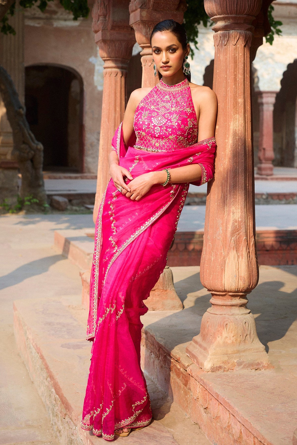 Hot Pink Organza Saree Set