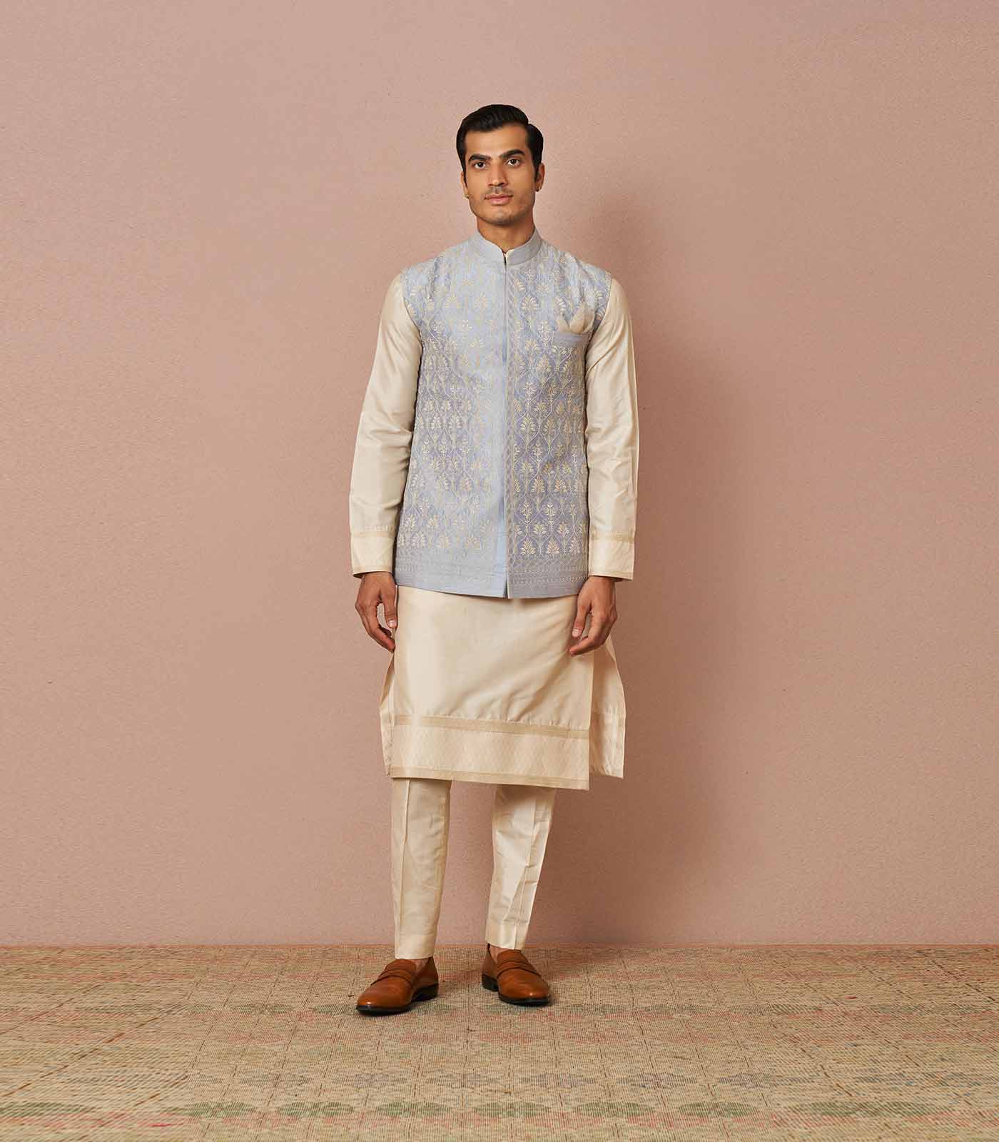 POWDER BLUE RAWSILK BANDI KURTA SET
