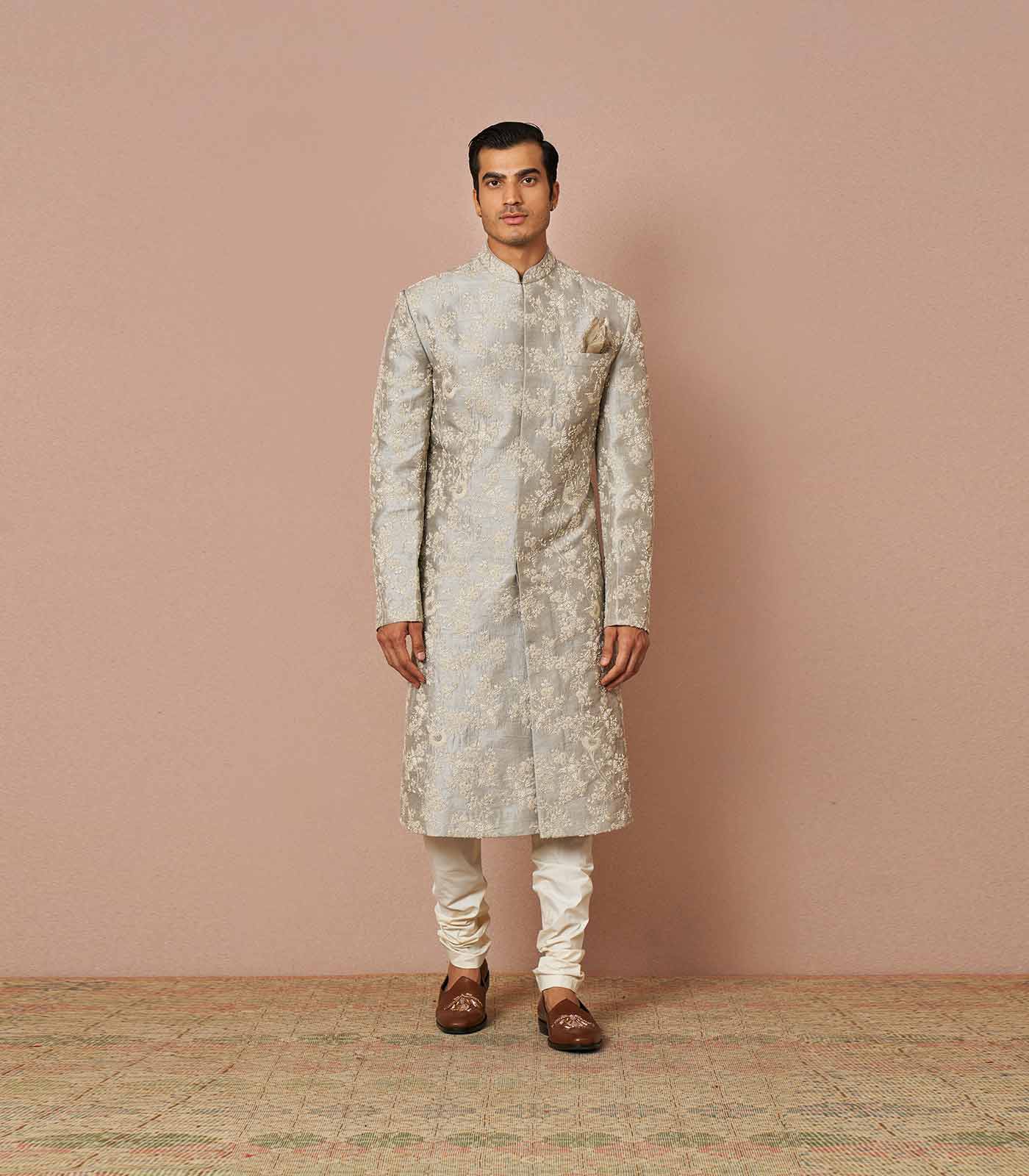 POWDER BLUE RAWSILK JAHAAN PEARL EMBROIDERED SHERWANI SET