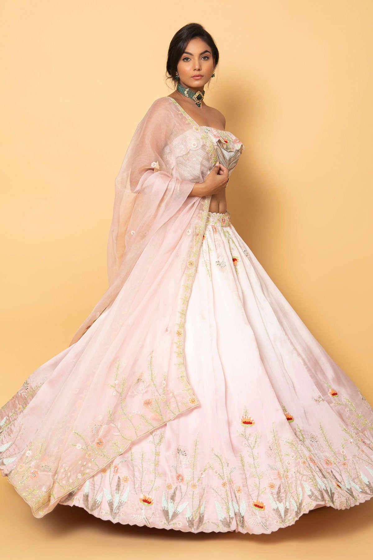Diana Handpainted Floral Ivory Lehenga with Pink Florals & Green Sequin Bling Work, Paired with Short Width Dupatta