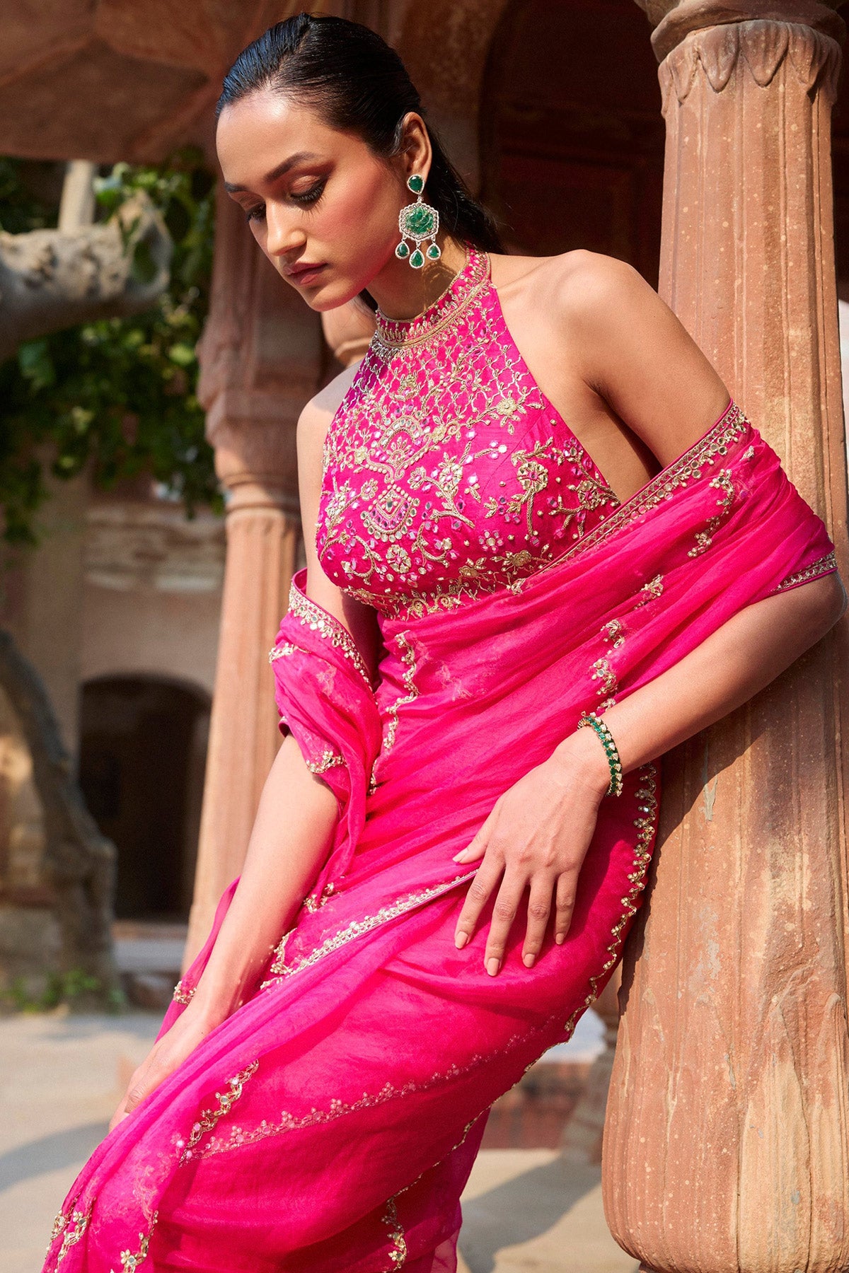 Hot Pink Organza Saree Set