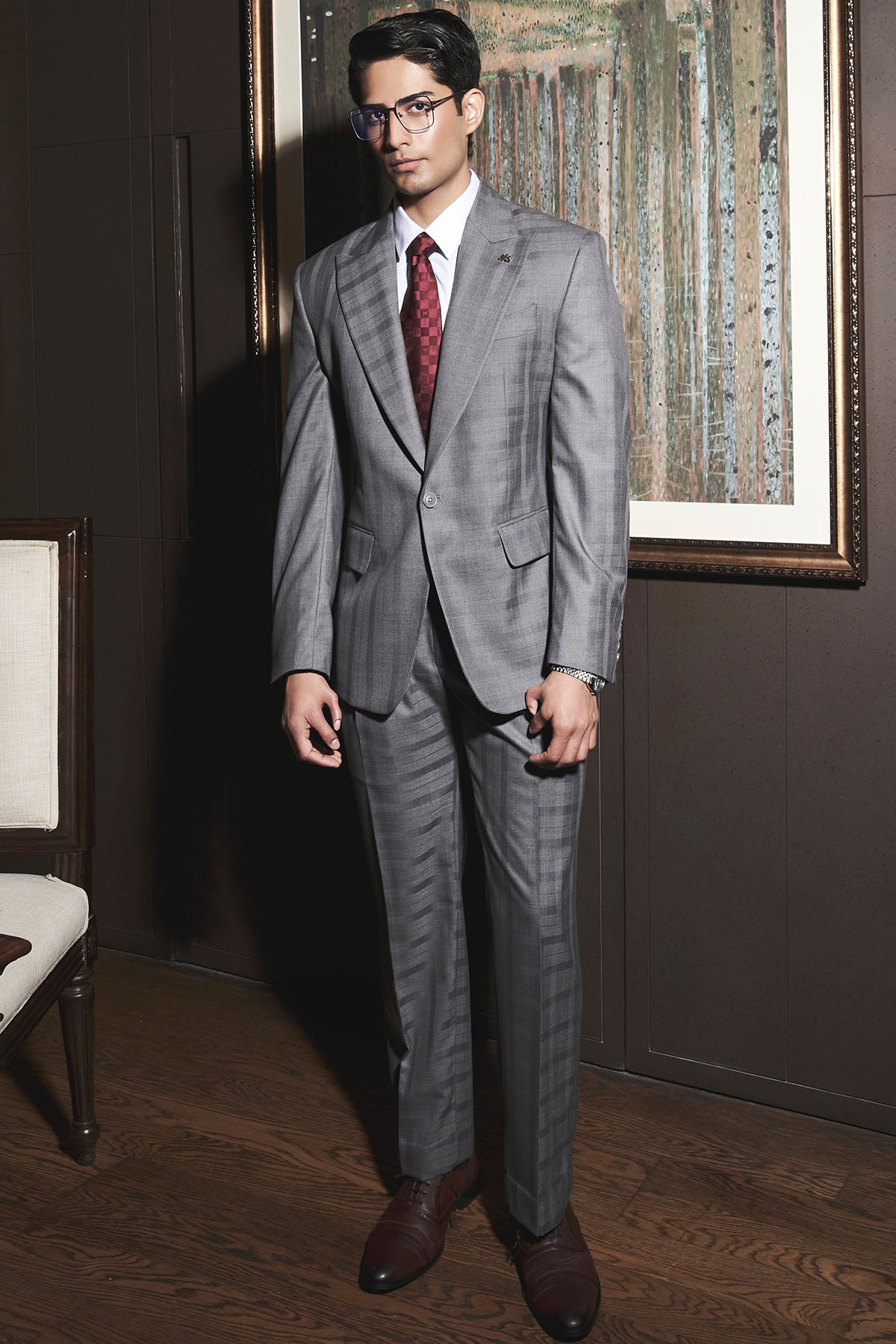 Steel Grey Self-Checkered Statement Suit