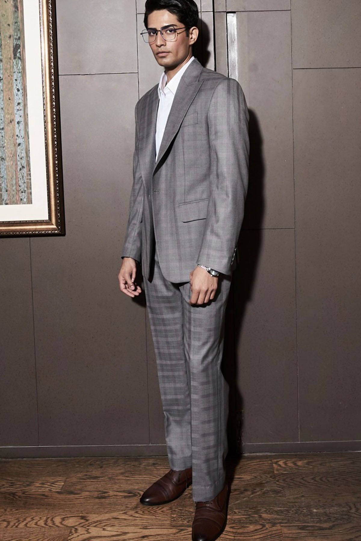 Steel Grey Self-Checkered Statement Suit