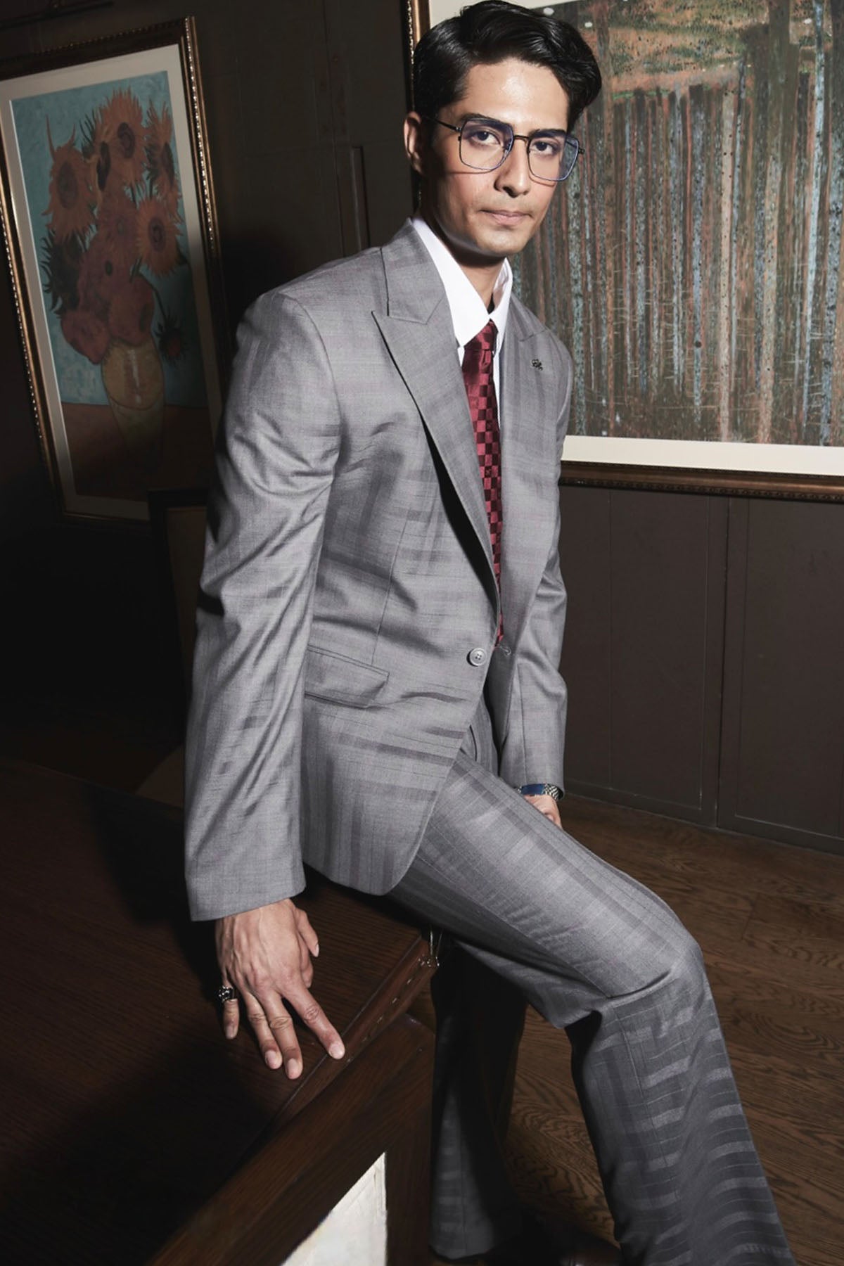 Steel Grey Self-Checkered Statement Suit