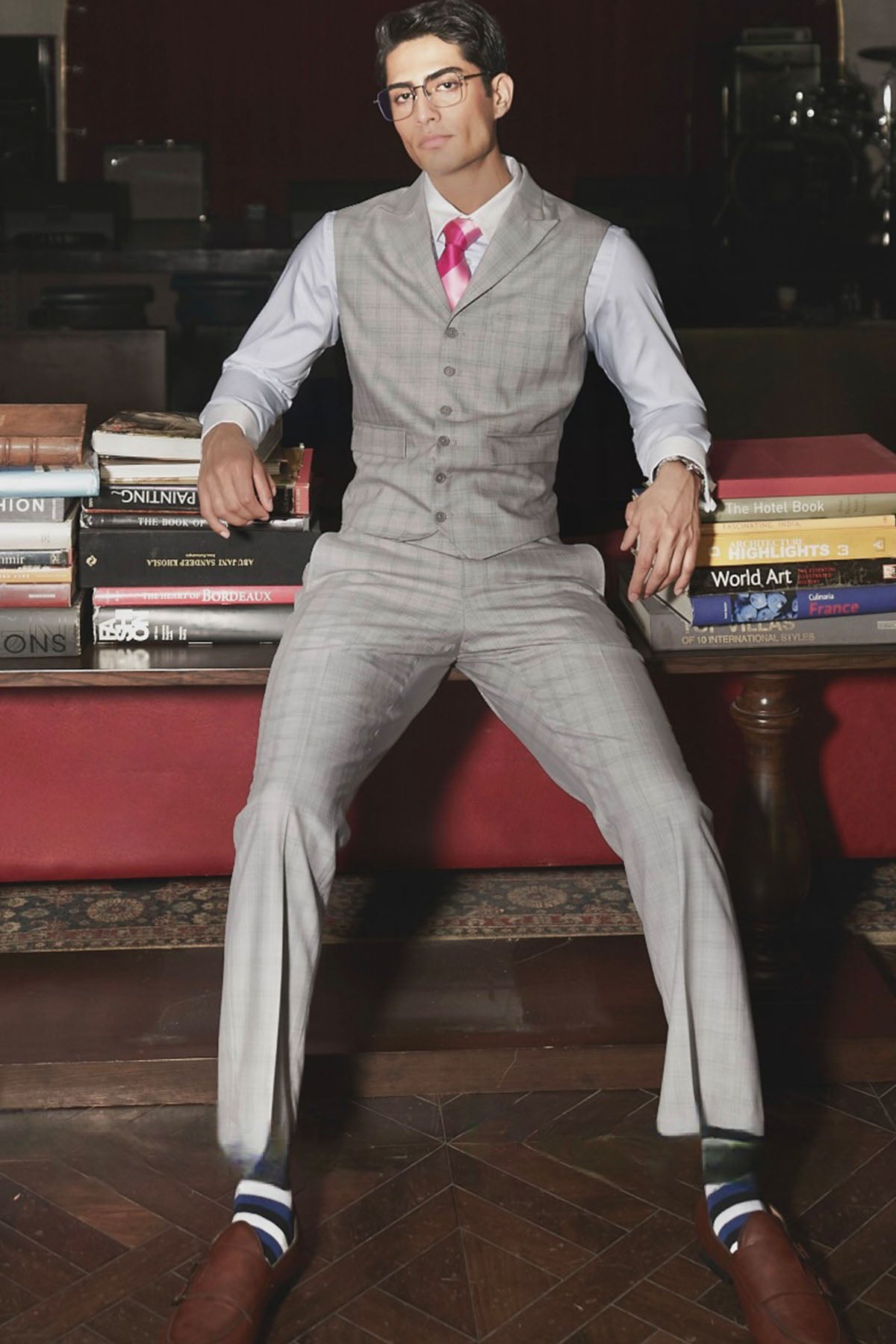 Grey Self-Checked Waistcoat Set