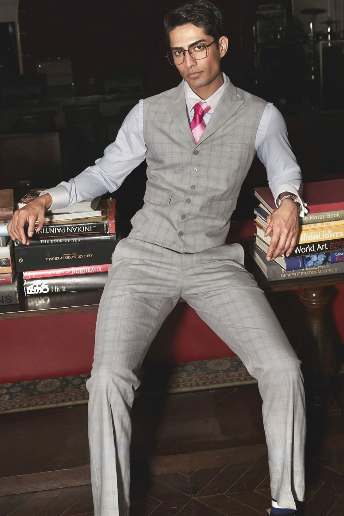 Grey Self-Checked Waistcoat Set