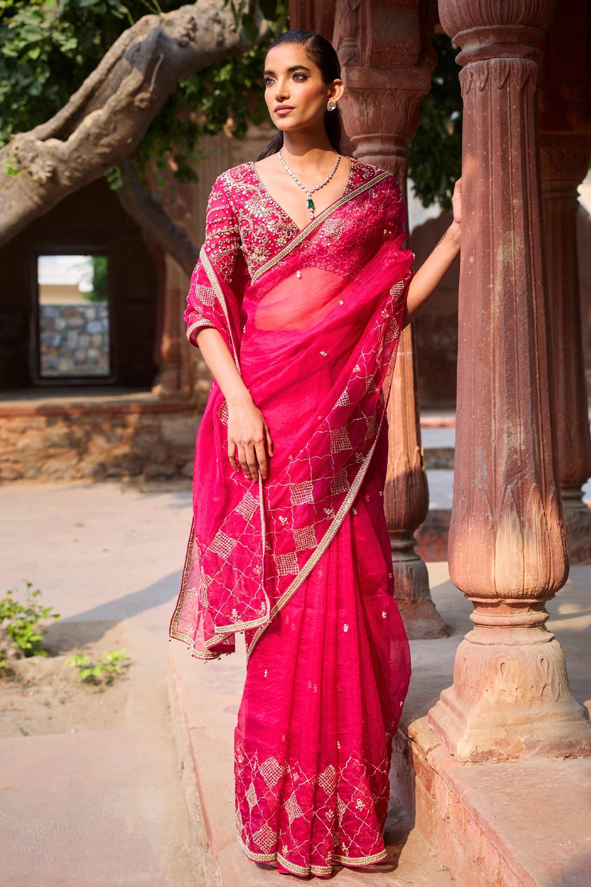 Cranberry Organza Saree Set