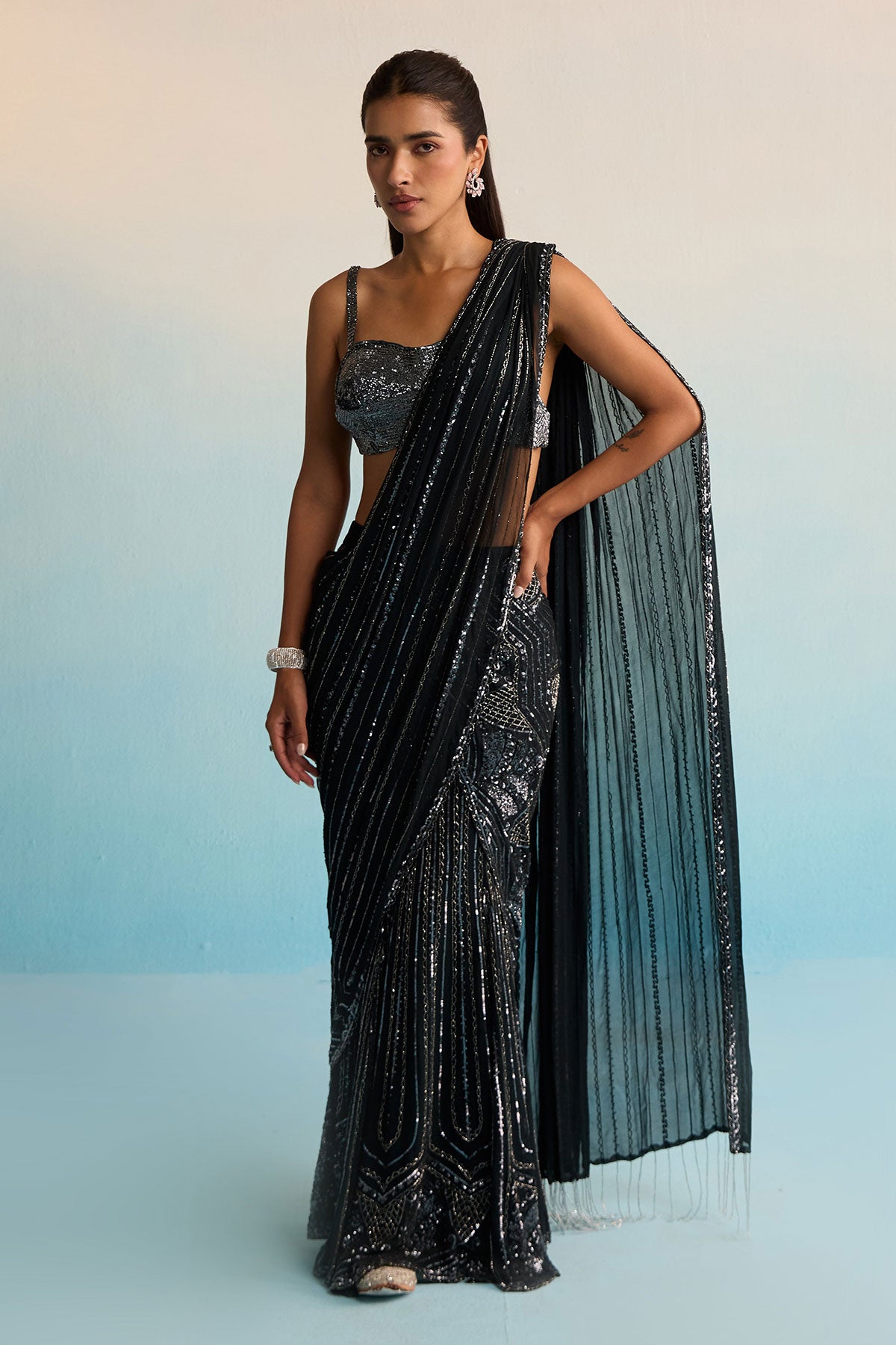 Azure Noir Cutdana Drape Saree