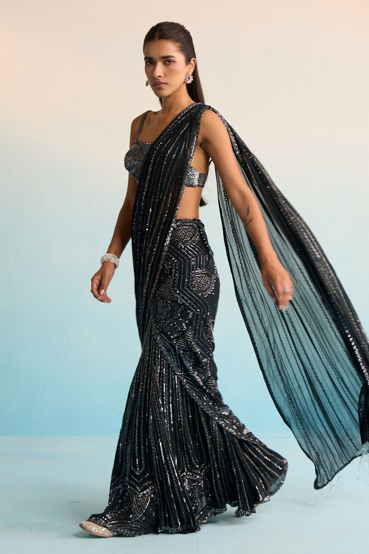 Azure Noir Cutdana Drape Saree