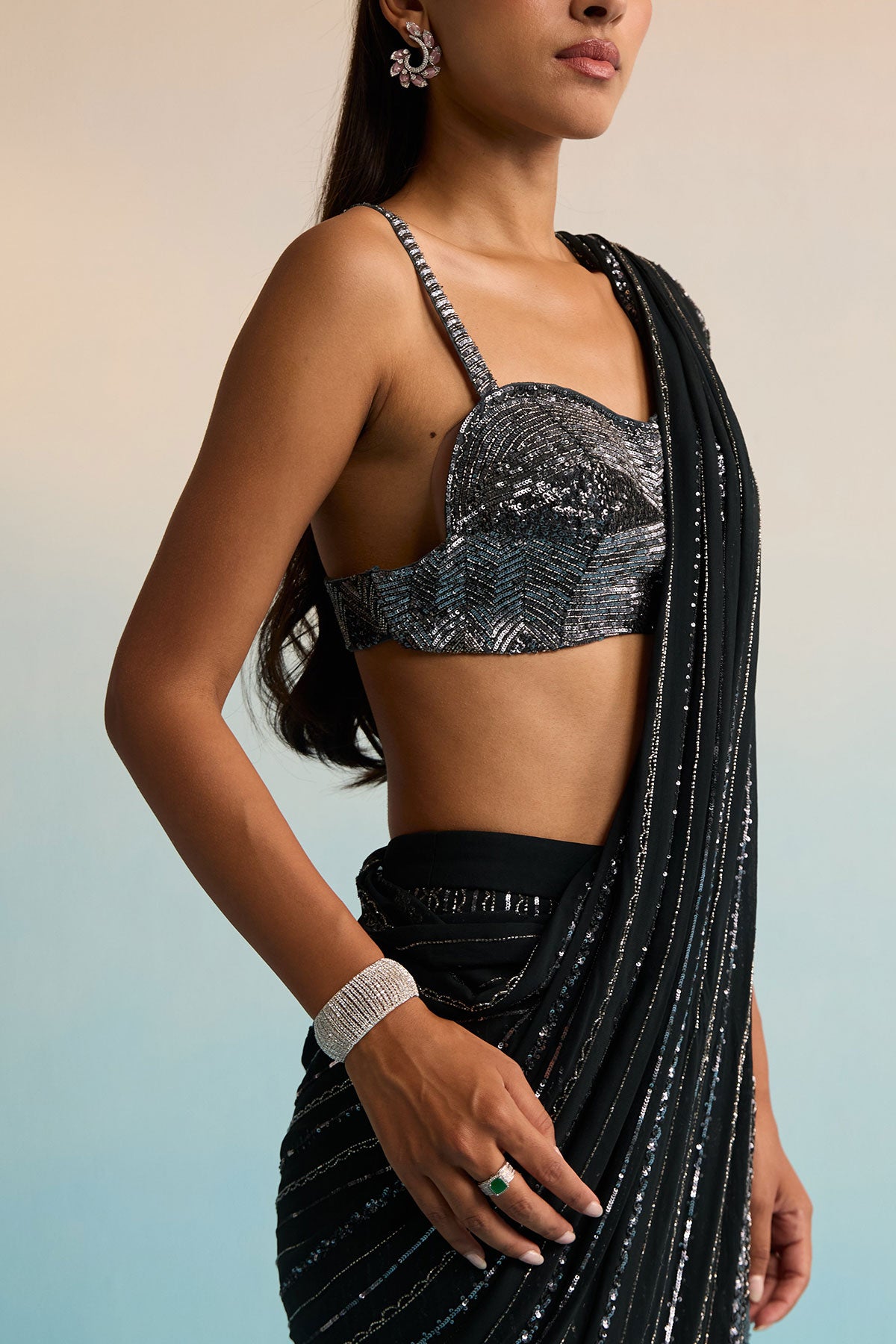 Azure Noir Cutdana Drape Saree
