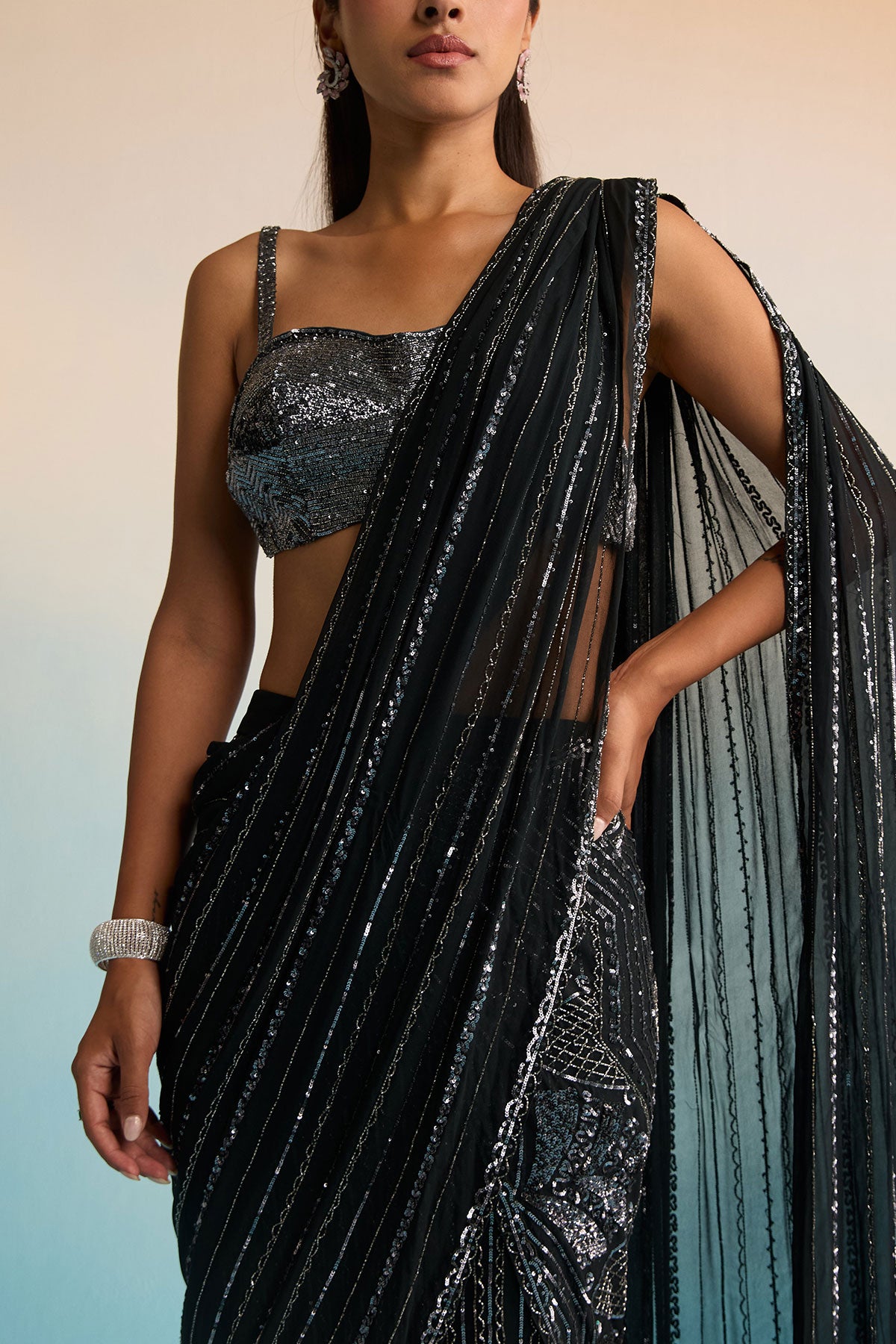 Azure Noir Cutdana Drape Saree