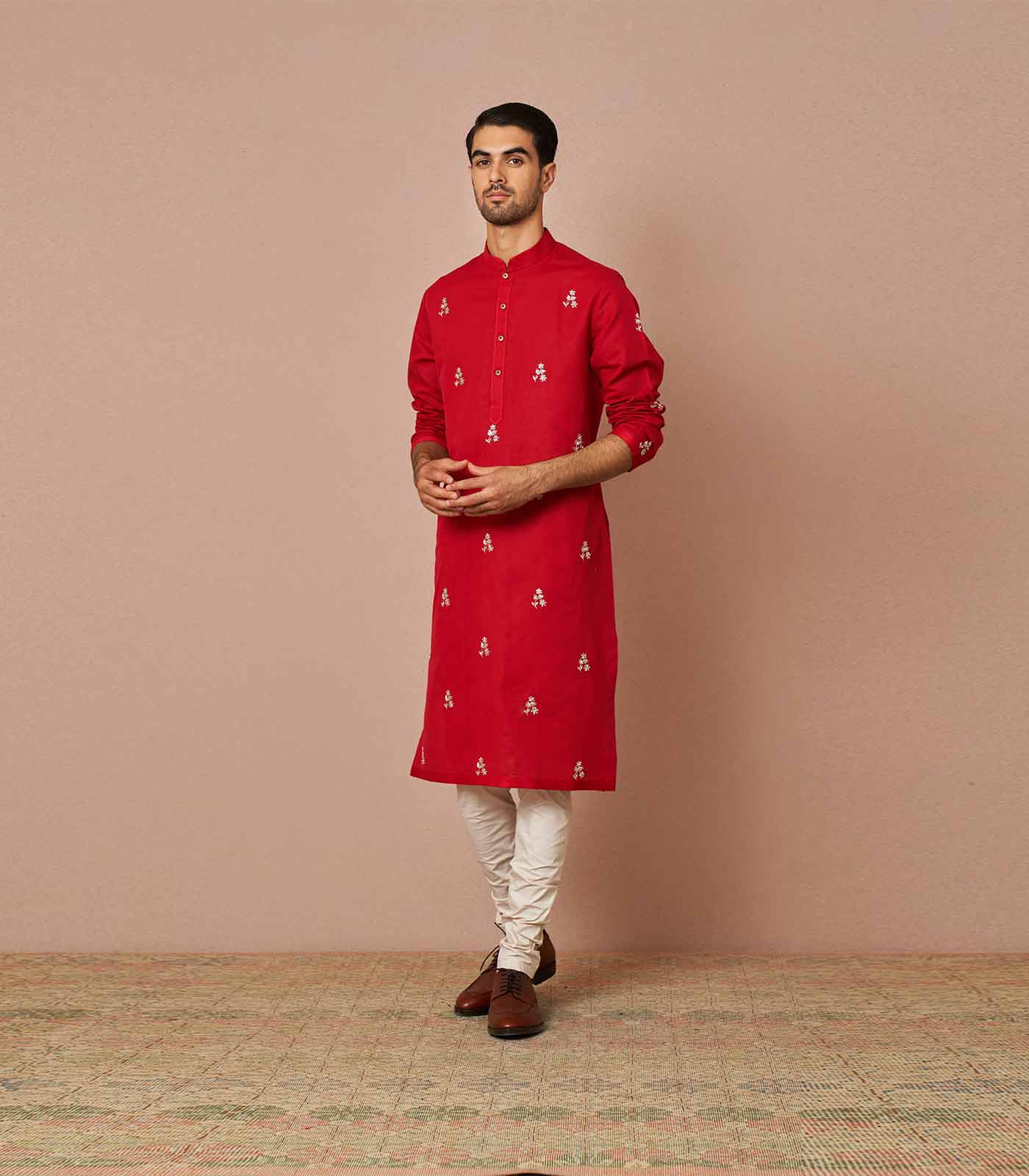 RED LINEN EMBROIDERED KURTA SET
