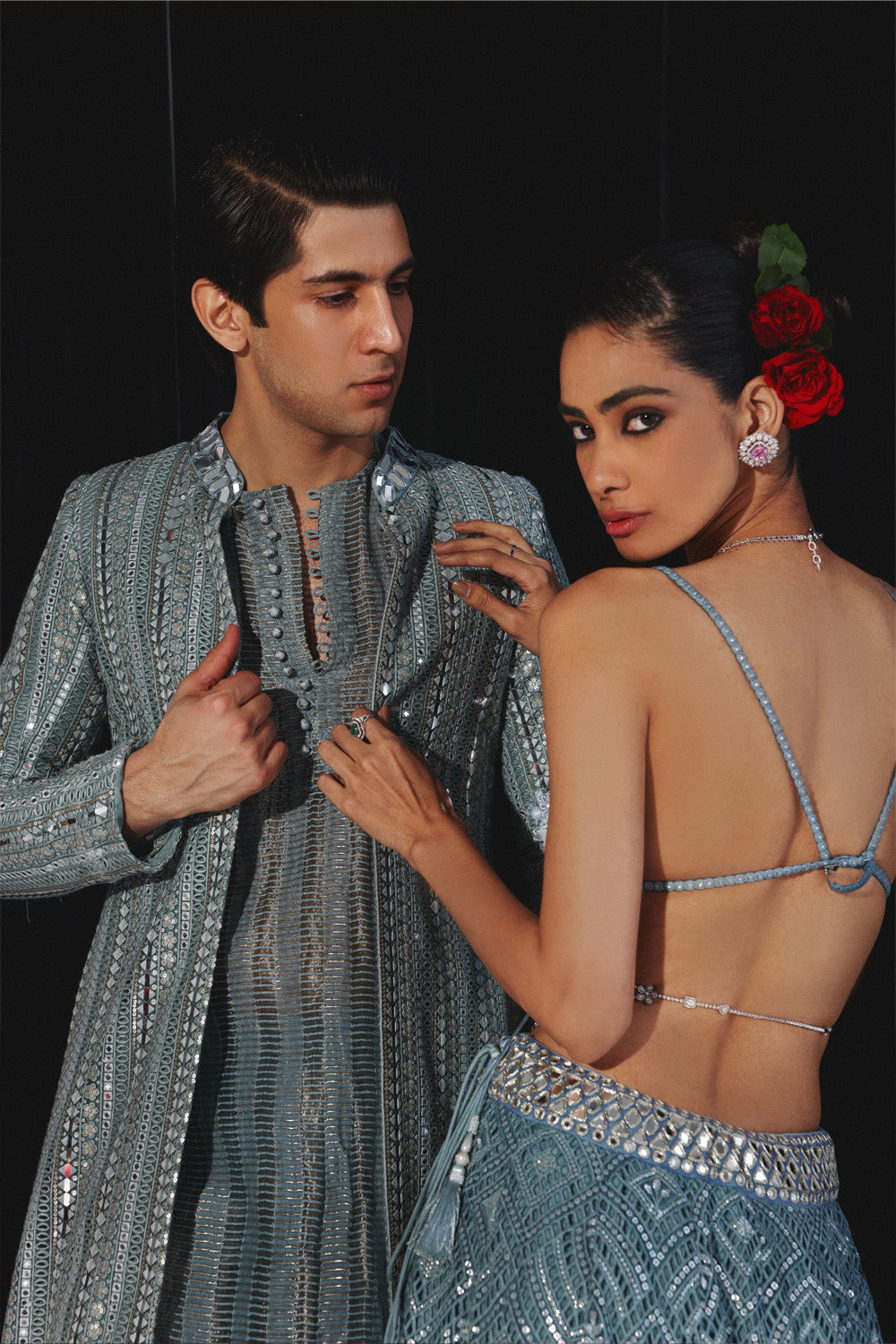 POWDER BLUE BANARASI TISSUE KURTA WITH PANTS