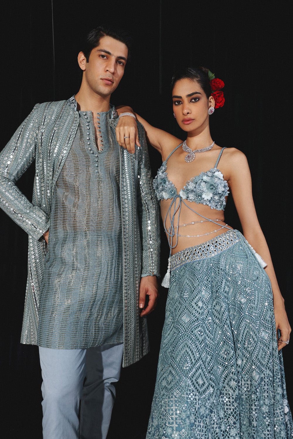 POWDER BLUE BANARASI TISSUE KURTA WITH PANTS