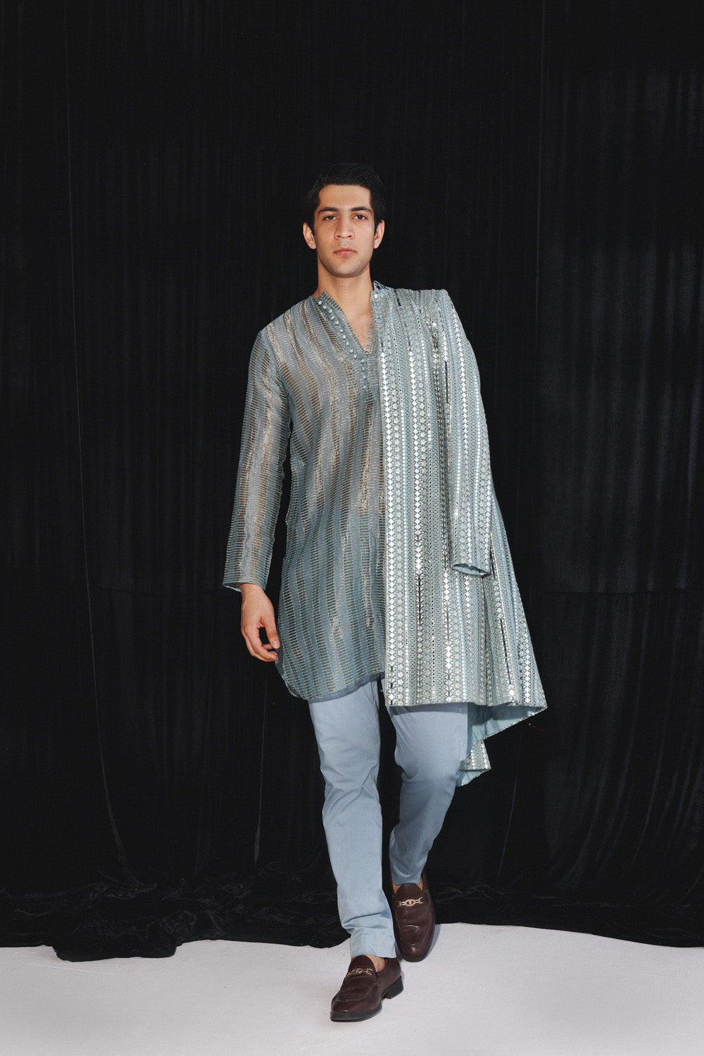 POWDER BLUE BANARASI TISSUE KURTA WITH PANTS