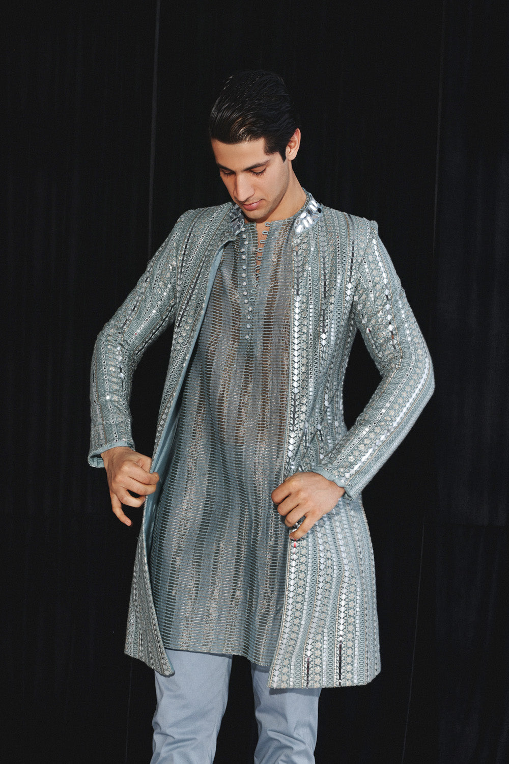 POWDER BLUE BANARASI TISSUE KURTA WITH PANTS