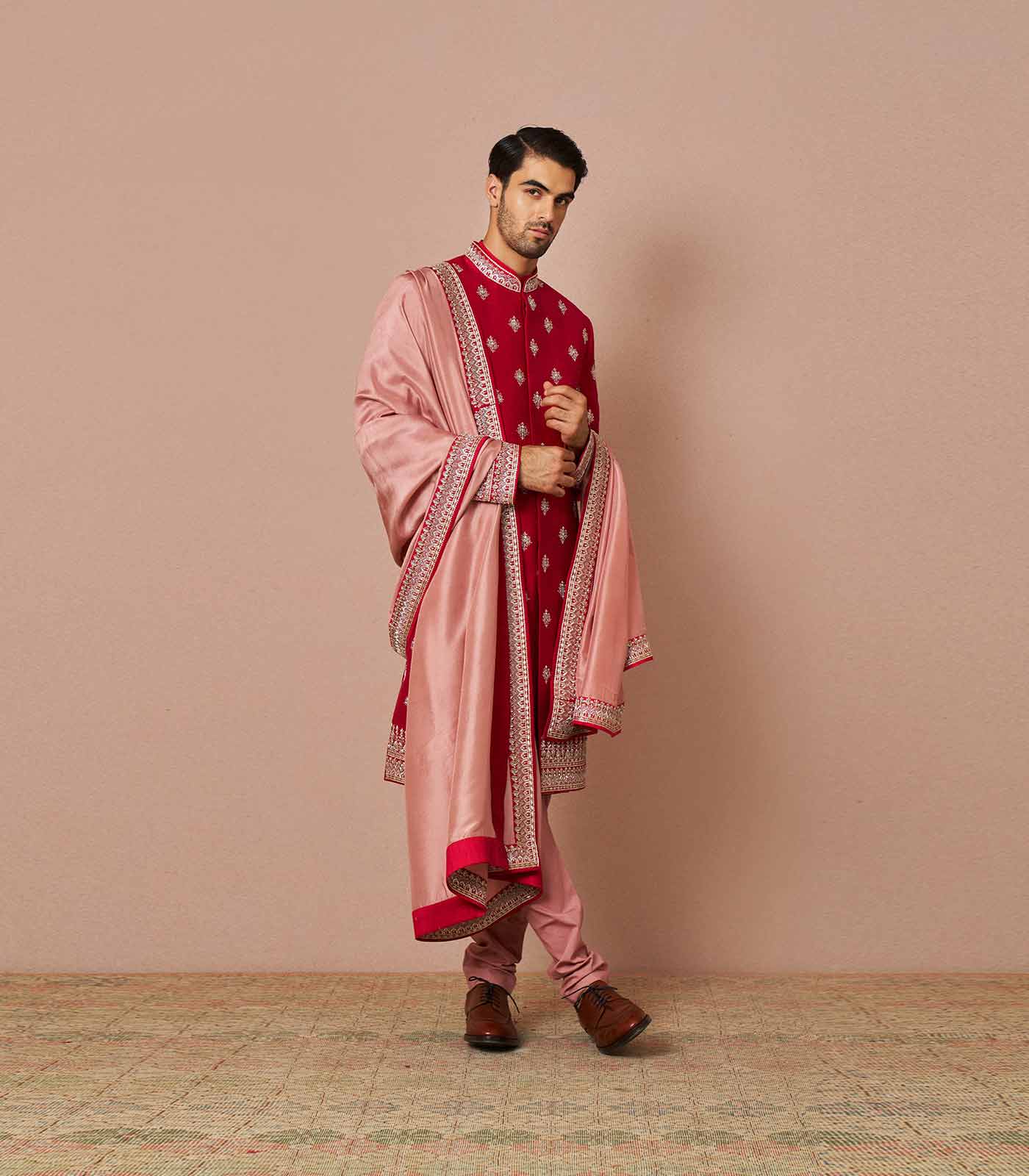 RED RAWSILK ZARDOZI BUTTI EMBROIDERED SHERWANI SET
