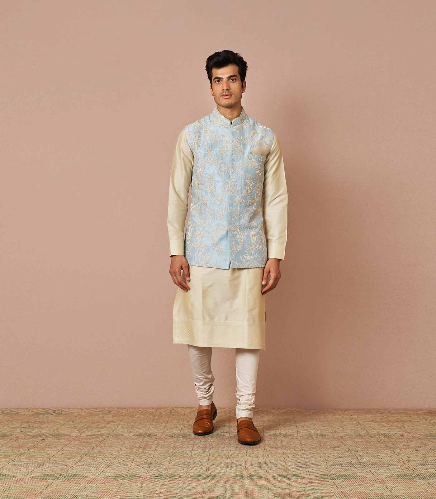 SKY BLUE ASTER EMBROIDERED BANDI SET