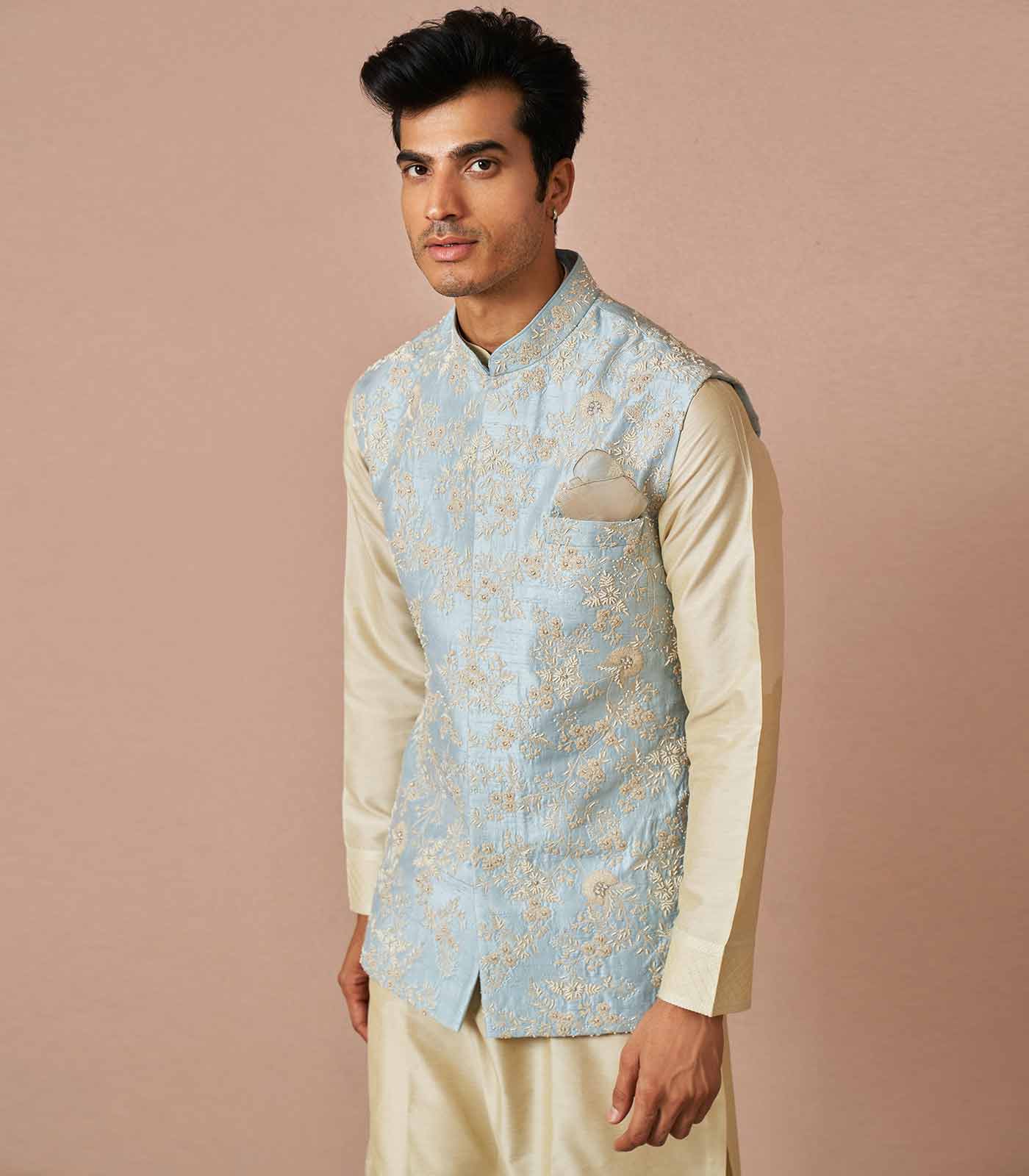 SKY BLUE ASTER EMBROIDERED BANDI SET