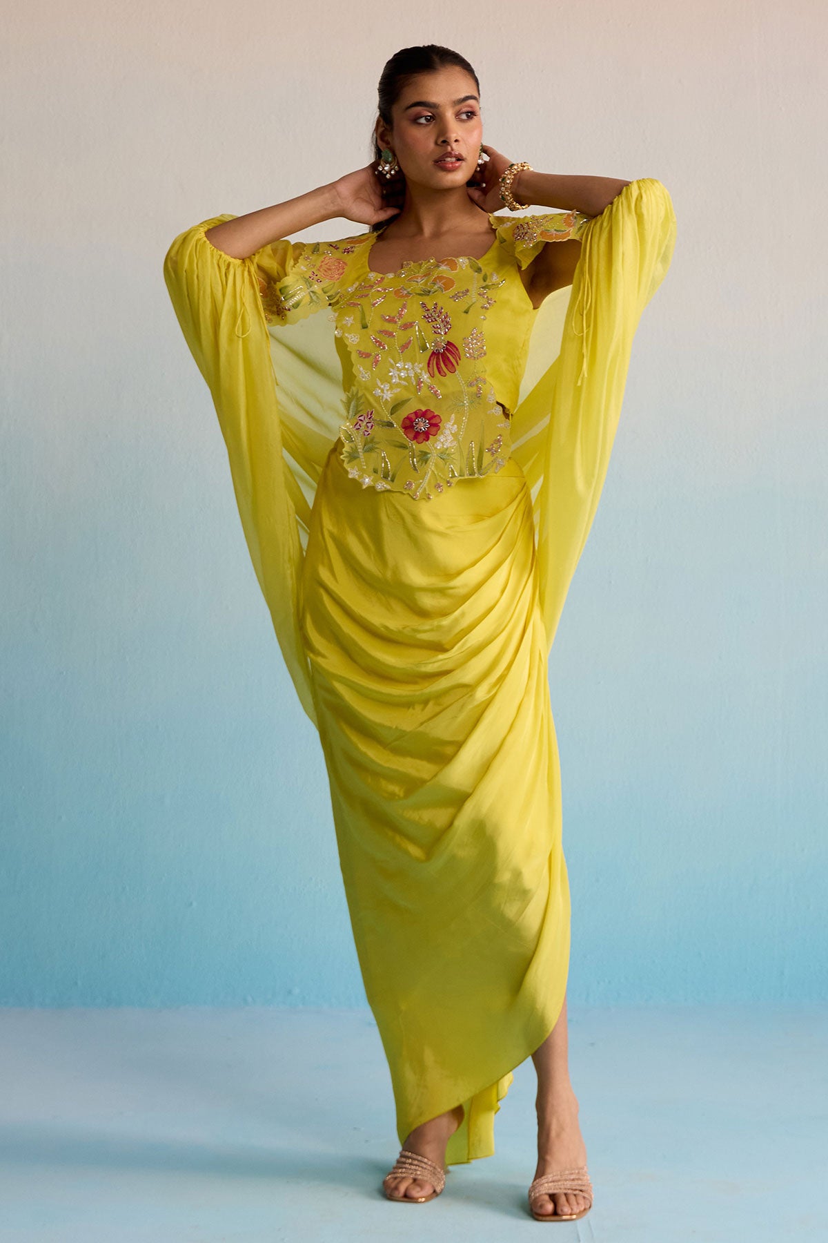 Buttercup Breeze Yellow Hand-Painted Malai Silk Cape & Skirt Set