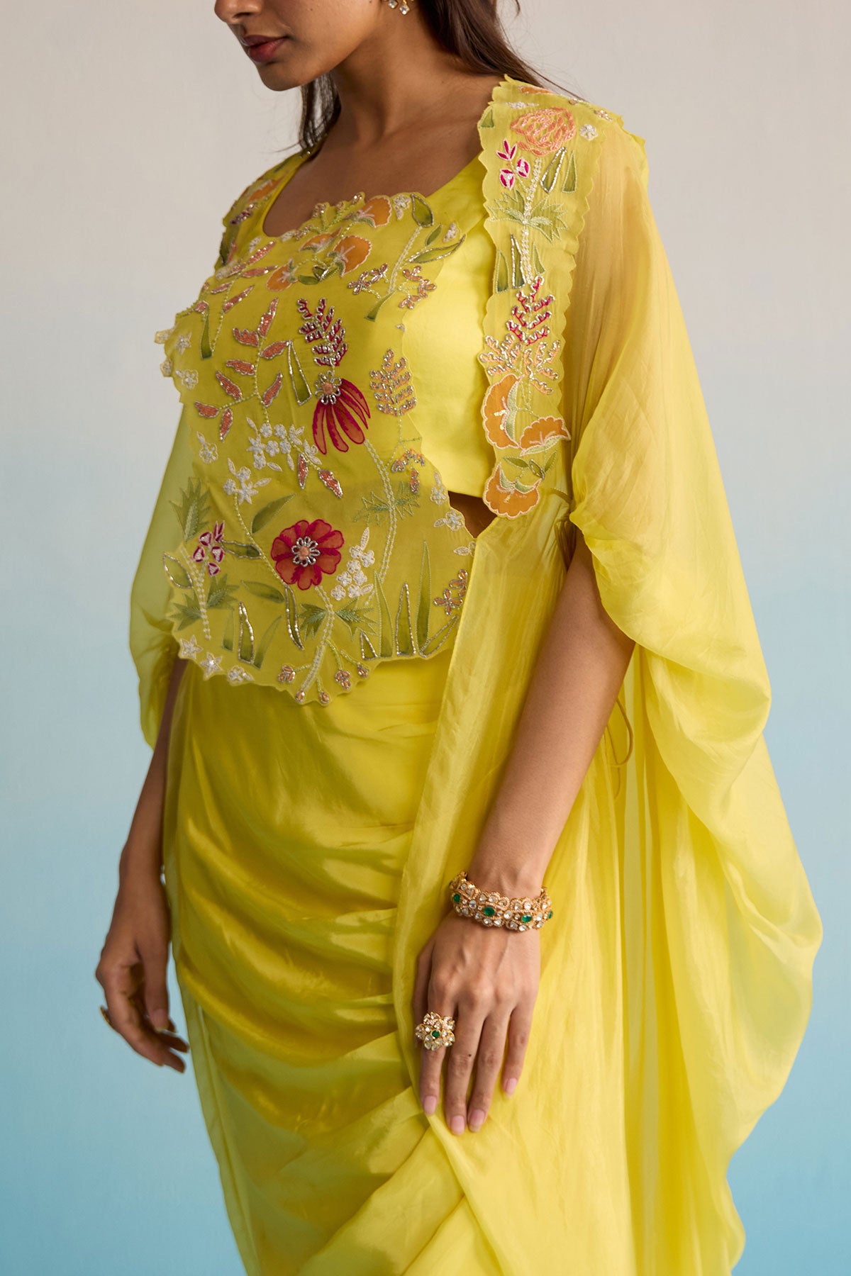 Buttercup Breeze Yellow Hand-Painted Malai Silk Cape & Skirt Set
