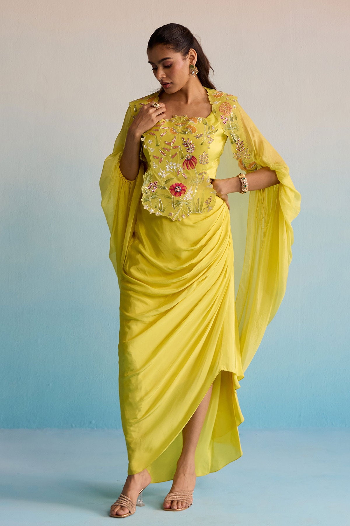 Buttercup Breeze Yellow Hand-Painted Malai Silk Cape & Skirt Set