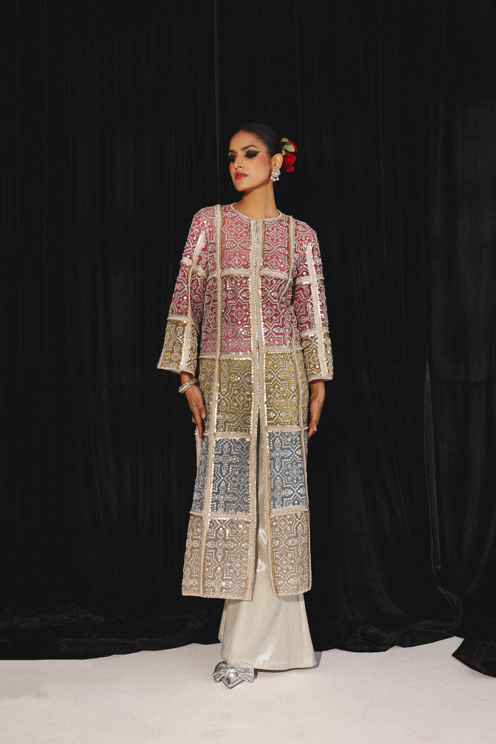 Embellished Long Jacket with Brocade Bandeau and Palazzos