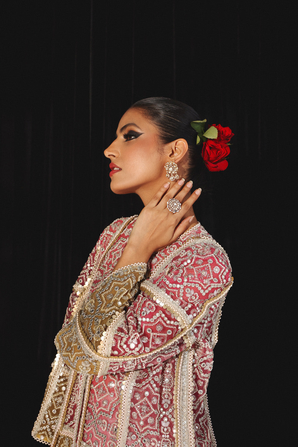 Embellished Long Jacket with Brocade Bandeau and Palazzos