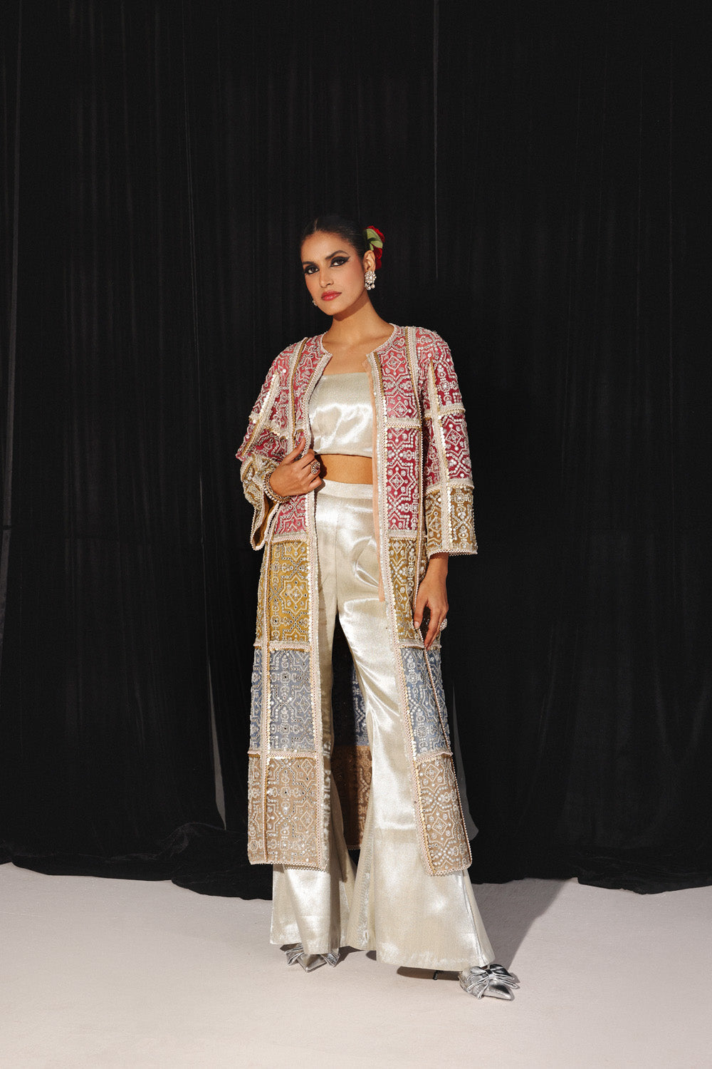 Embellished Long Jacket with Brocade Bandeau and Palazzos