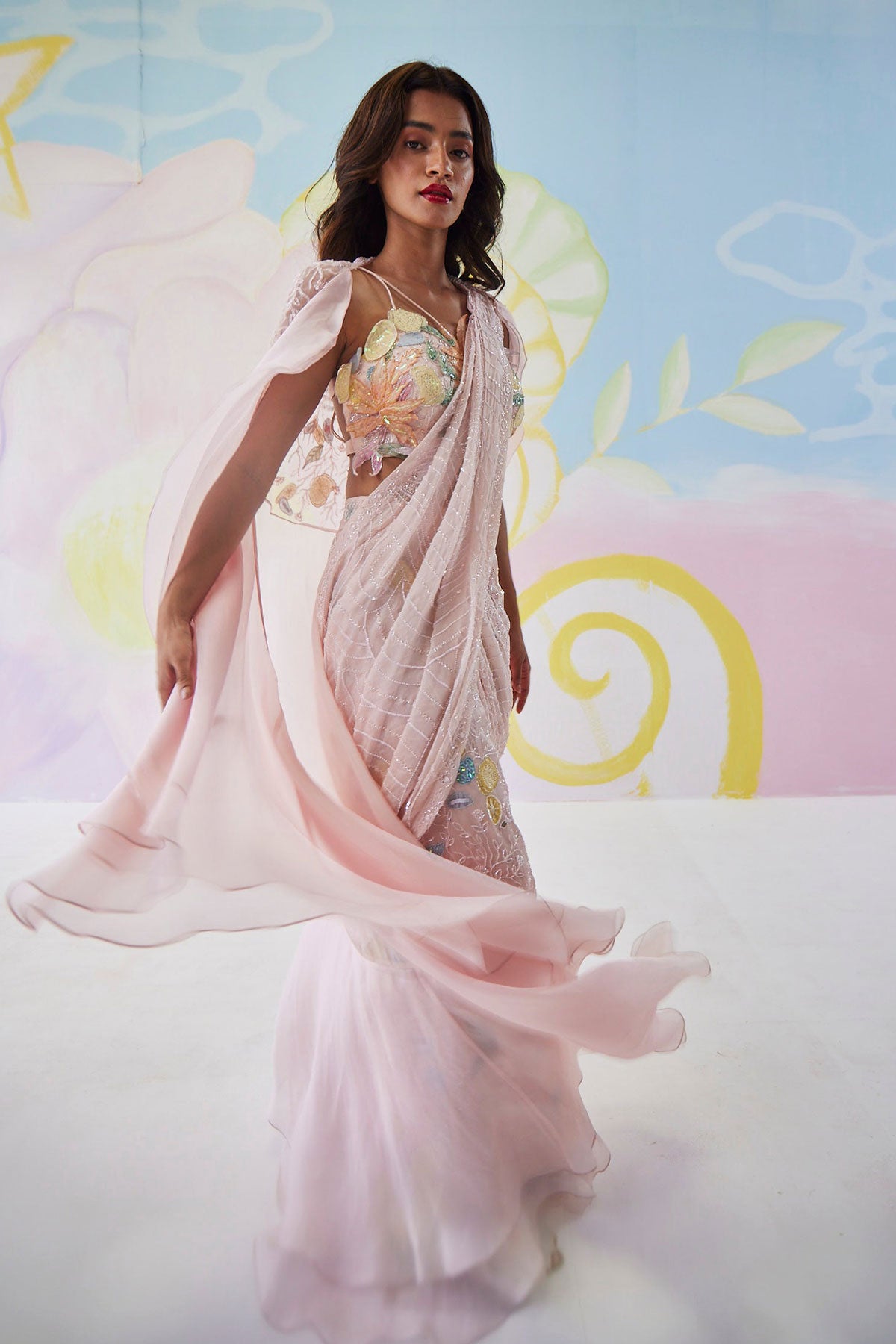 Elysian Blush Pink Handpainted Mermaid Saree