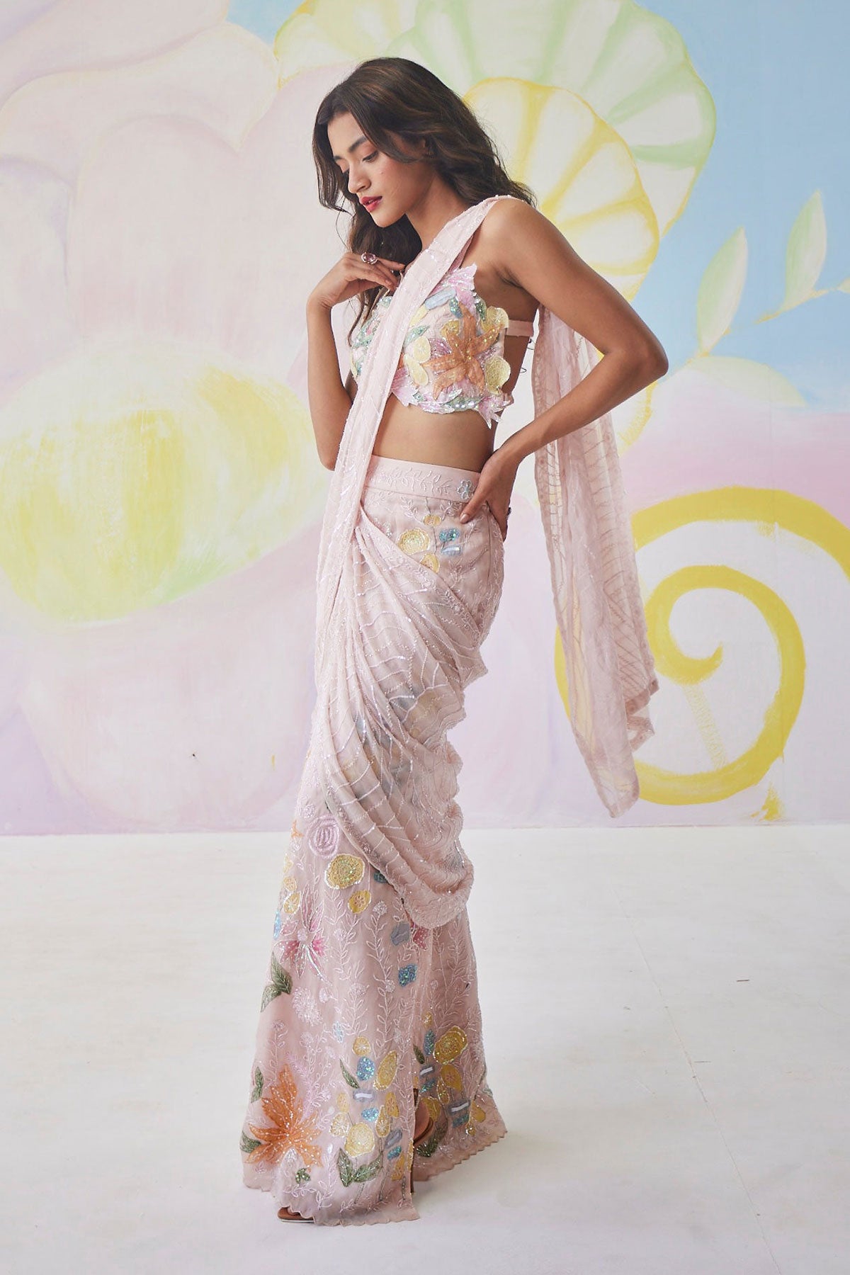 Elysian Blush Pink Handpainted Mermaid Saree
