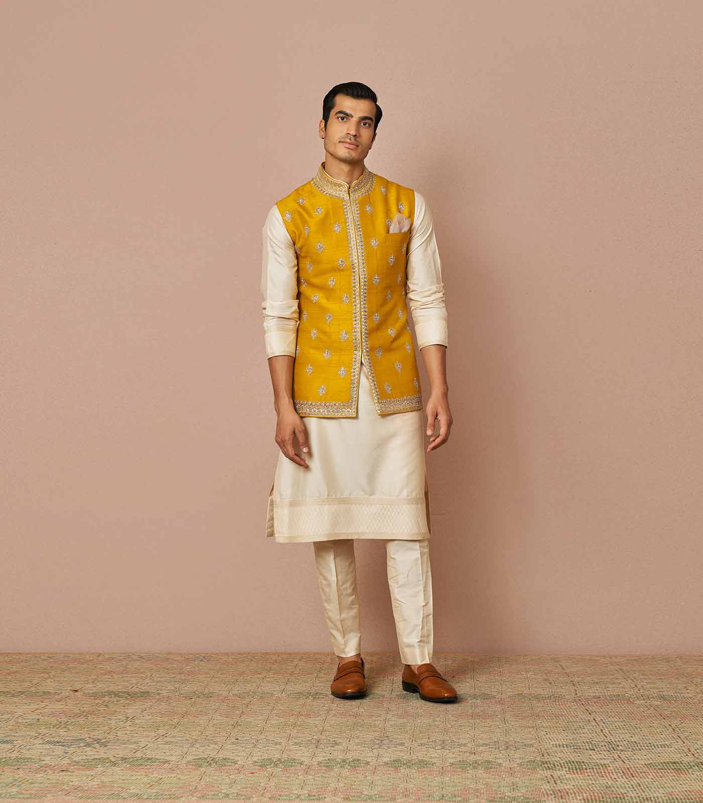 YELLOW RAWSILK EMBROIDERED BANDI KURTA SET