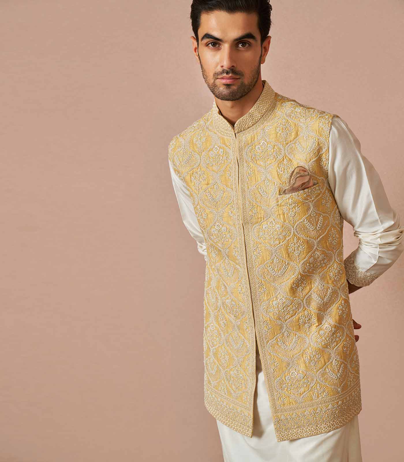 YELLOW RAWSILK KIAAN BANDI KURTA SET