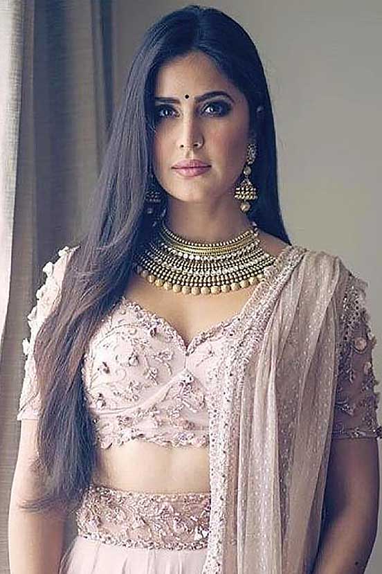 Katrina Kaif in Nude Sheer Back Blouse Lehenga Set