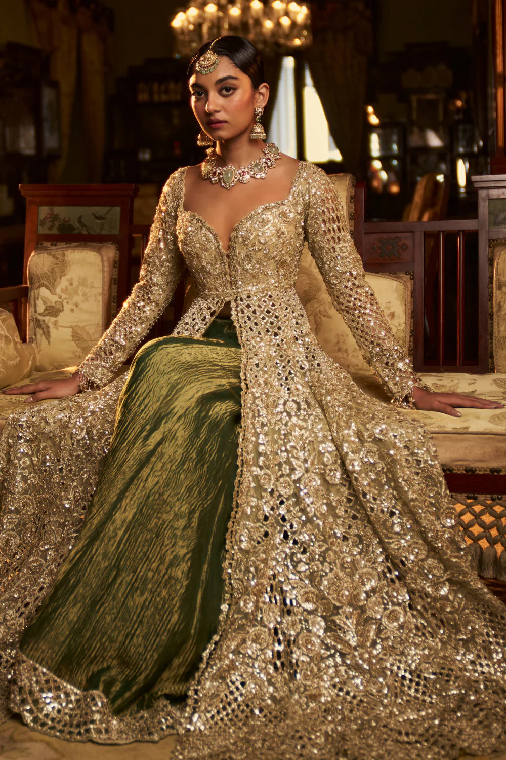 green long dress with flowers Indian Designer Green Georgette Sharara Suit For Eid Party Wear – Ragthm main image 0