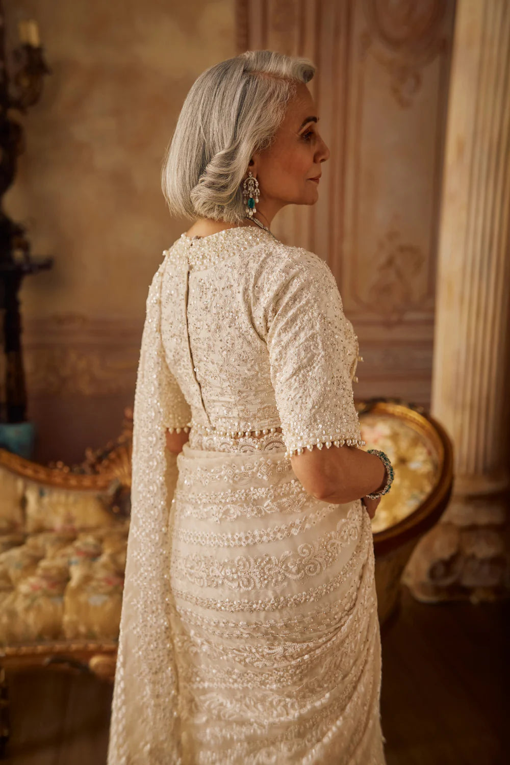 Ivory Organza Stripe Saree