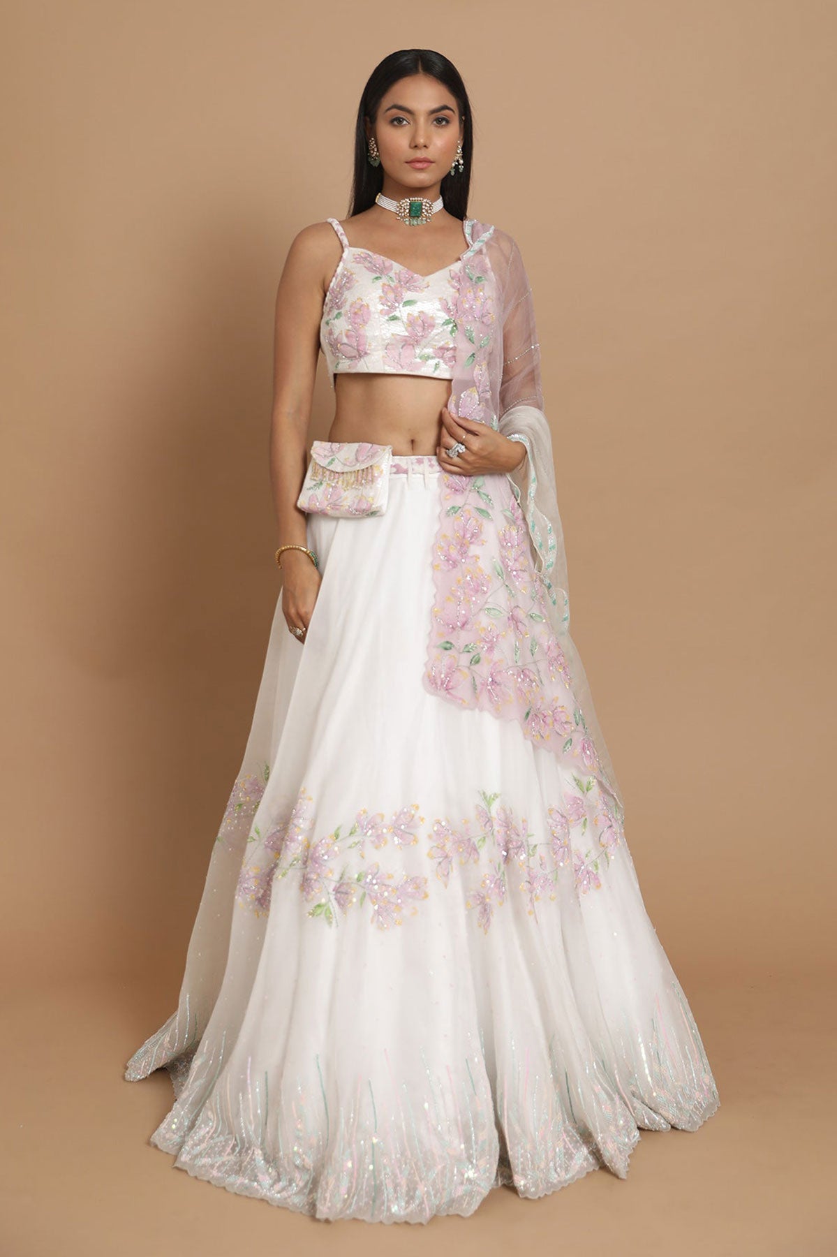 Ivory Handpainted Lehenga & Blouse With Pearl Latkans