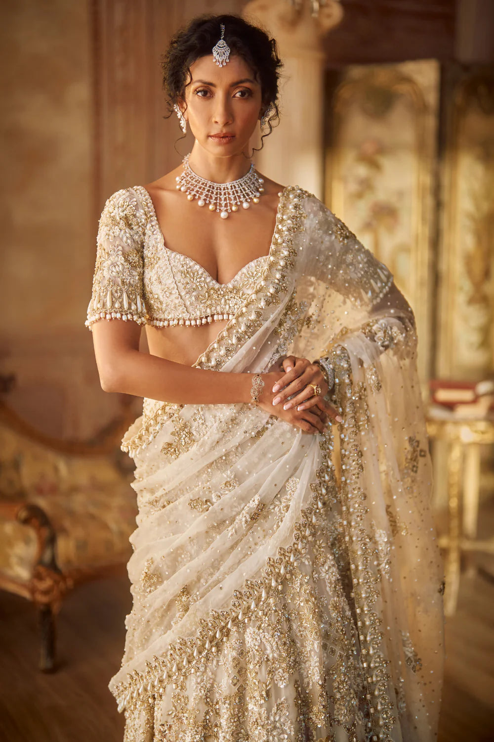 Ivory Gold Lehenga Saree Set