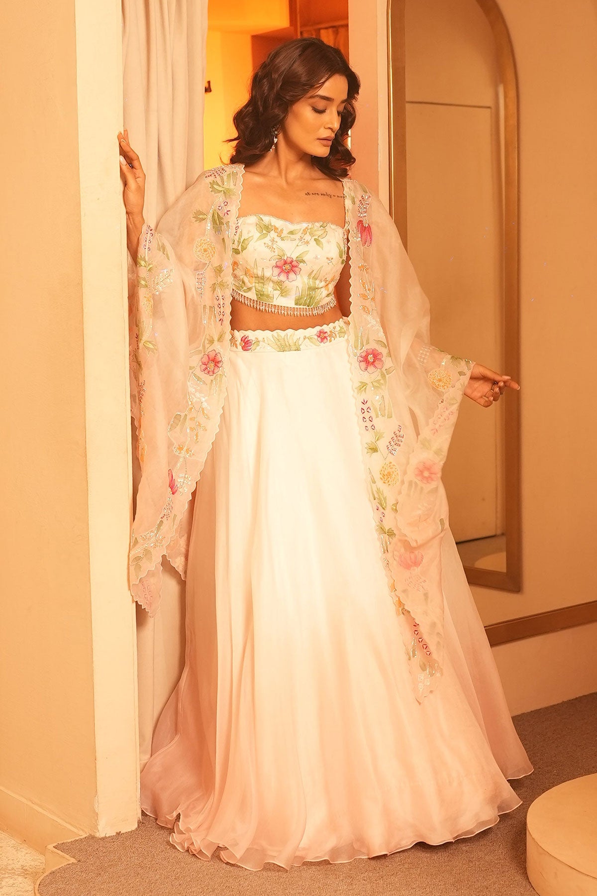 Jasmine Ivory Cape Set Hand-Painted With Intricate Floral Designs