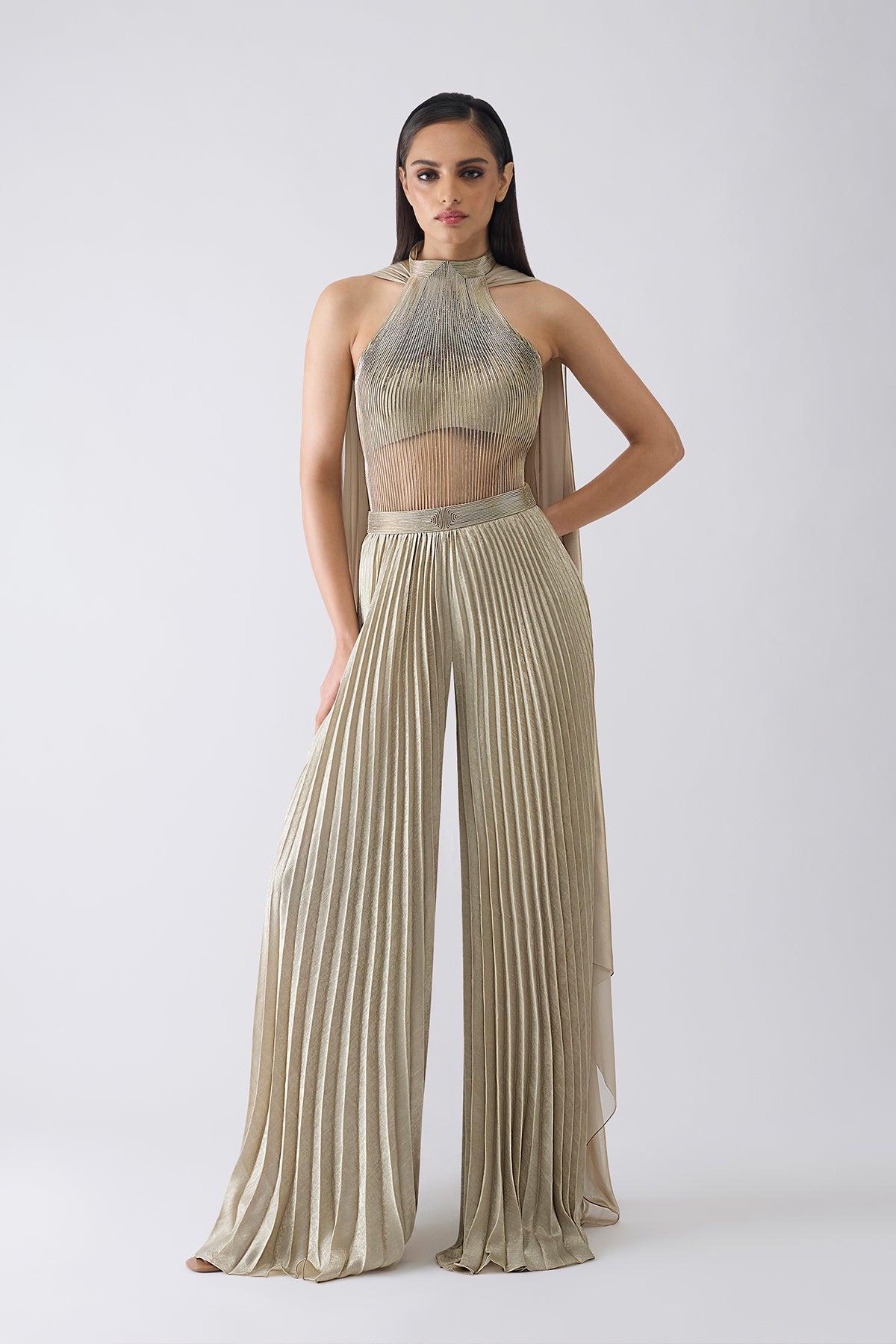 Corded Bodysuit With Pants And Drape On Both Shoulder
