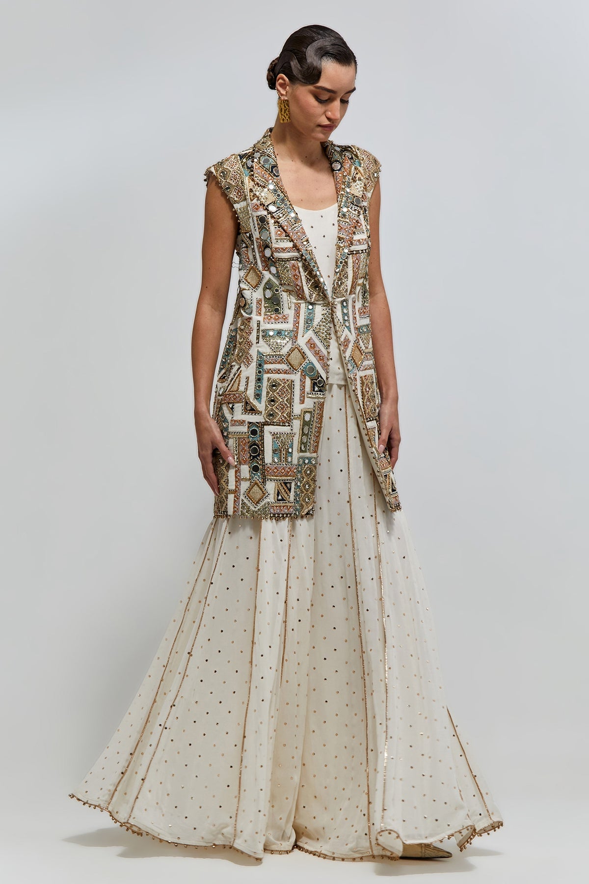 Asaar Off-White Georgette Embroidered Jacket With Mukaish Georgette Camisole And Sharara
